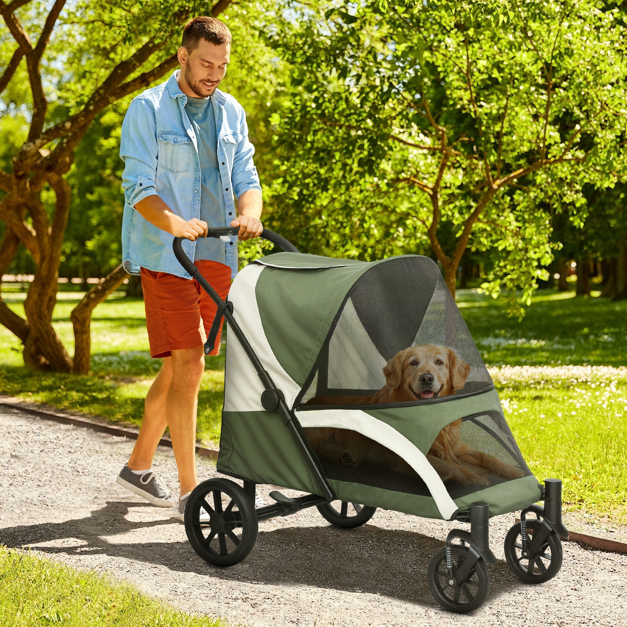 pawhut-poussette-pour-grand-chien-roues-amortissantes-pliable-en-1-clic-verte image 3