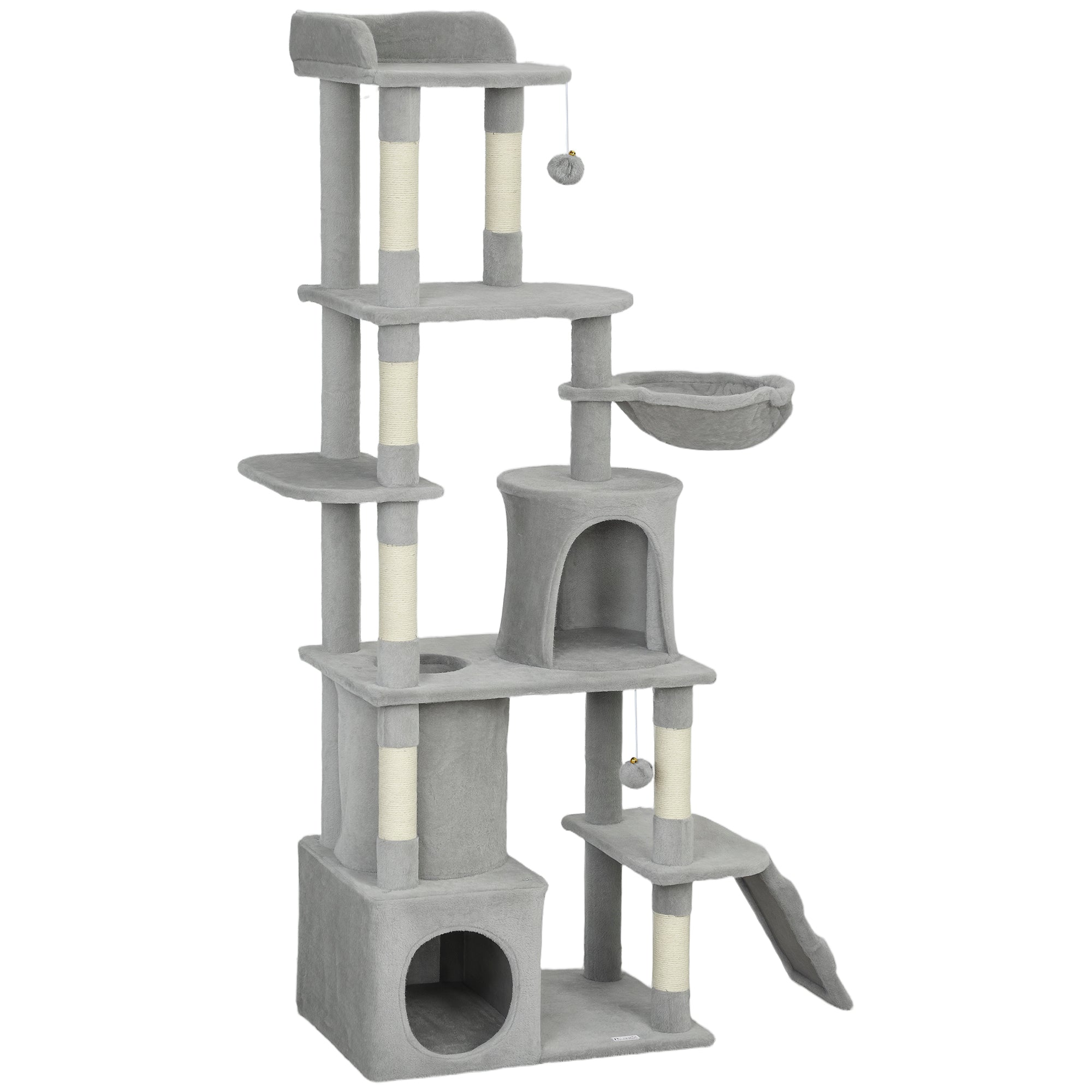 pawhut-grand-arbre-chat-170-cm-7-griffoirs-tunnel-2-niches-hamac-gris-clair image 2