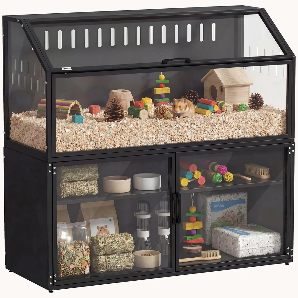 pawhut-cage-hamster-noire-avec-meuble-de-rangement-panneaux-acryliques-et-toit-o image 1