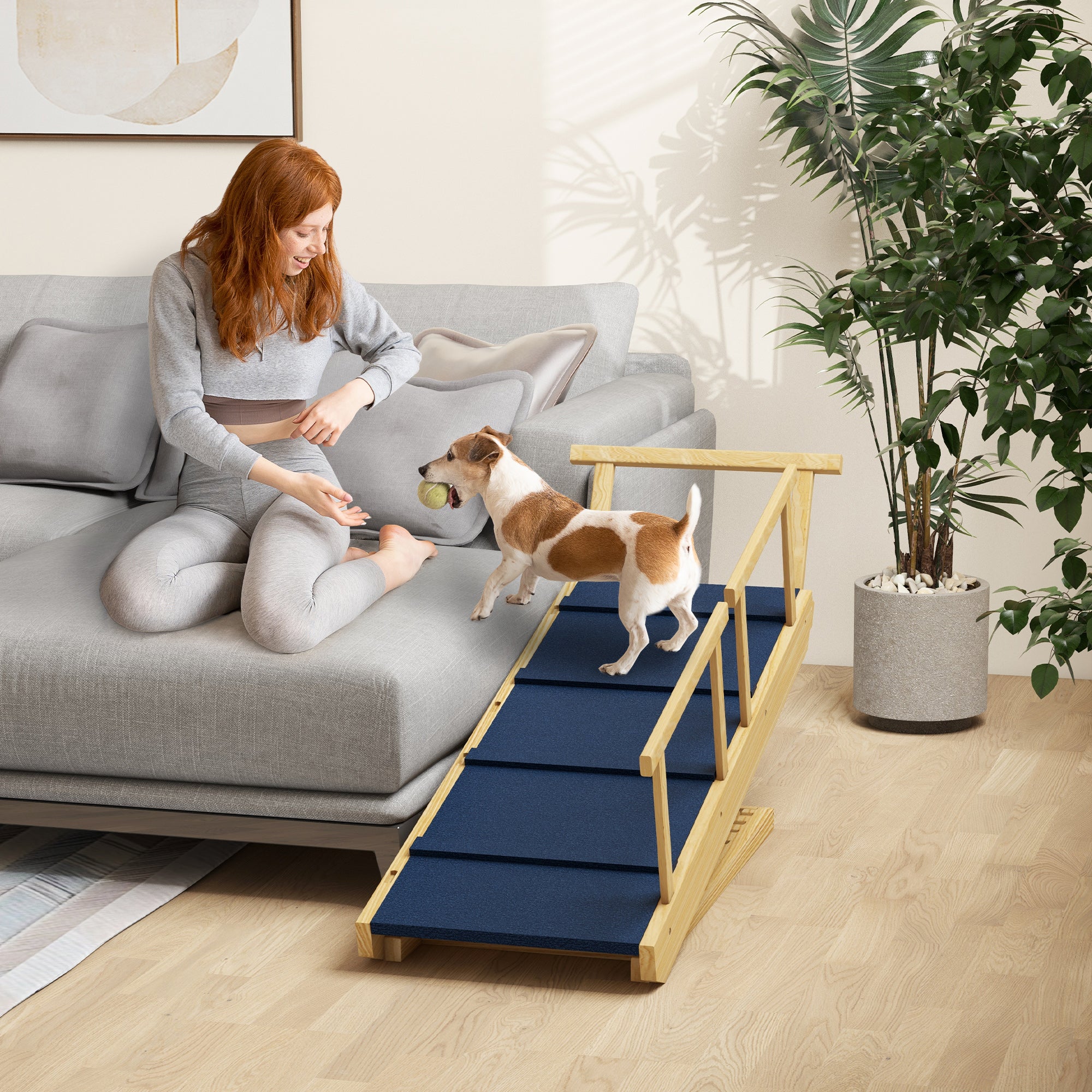 pawhut-rampe-pliable-pour-chien-en-bois-de-pin-4-hauteurs-r-glables-tapis-antid- image 4