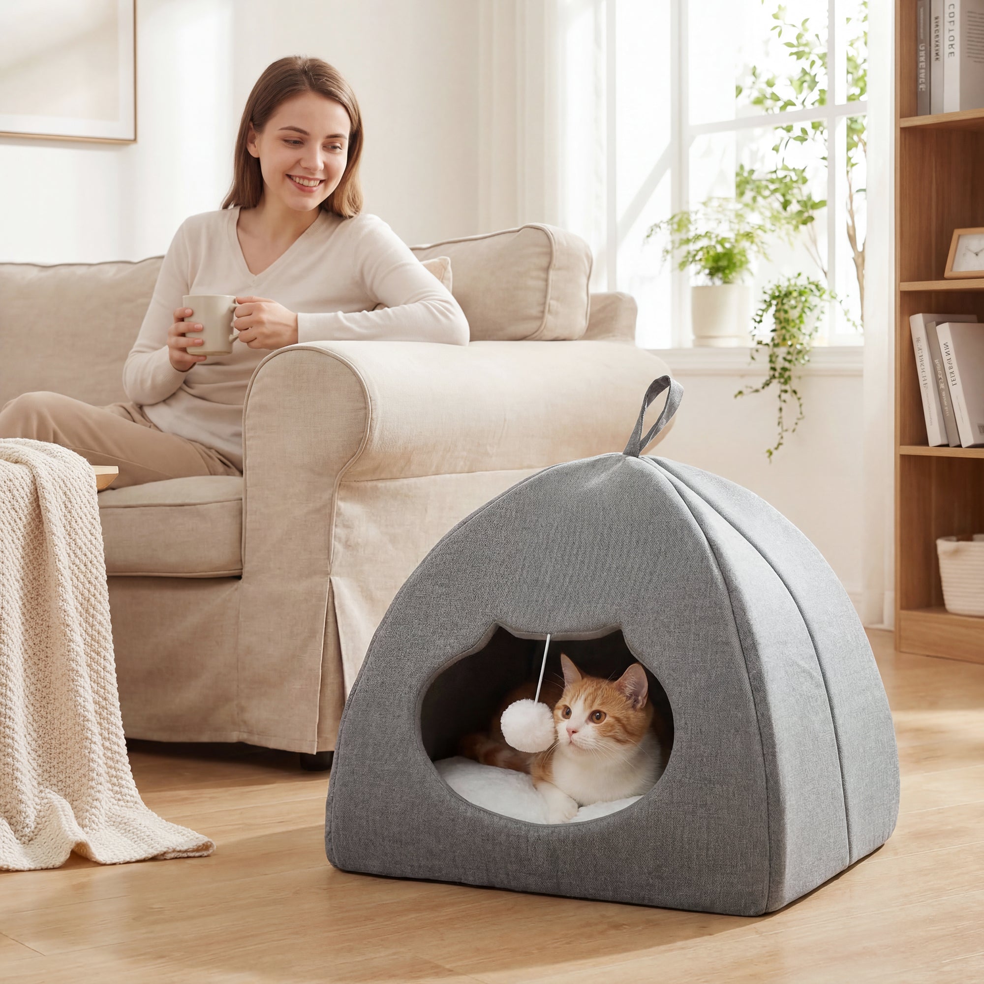 pawhut-niche-grotte-pour-chat-avec-coussin-r-versible-et-balle-42x42x39-cm-gris image 4