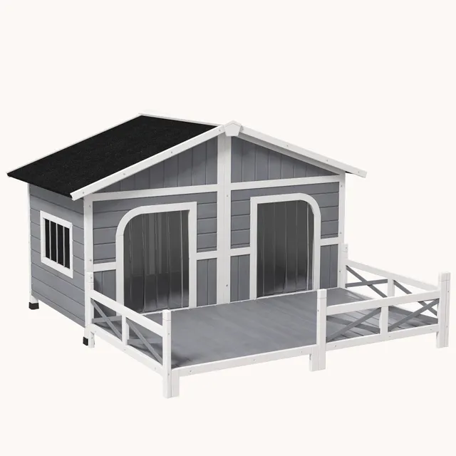 pawhut-niche-en-bois-double-avec-porche-et-toit-asphalte-imperm-able-pour-chiens image 1