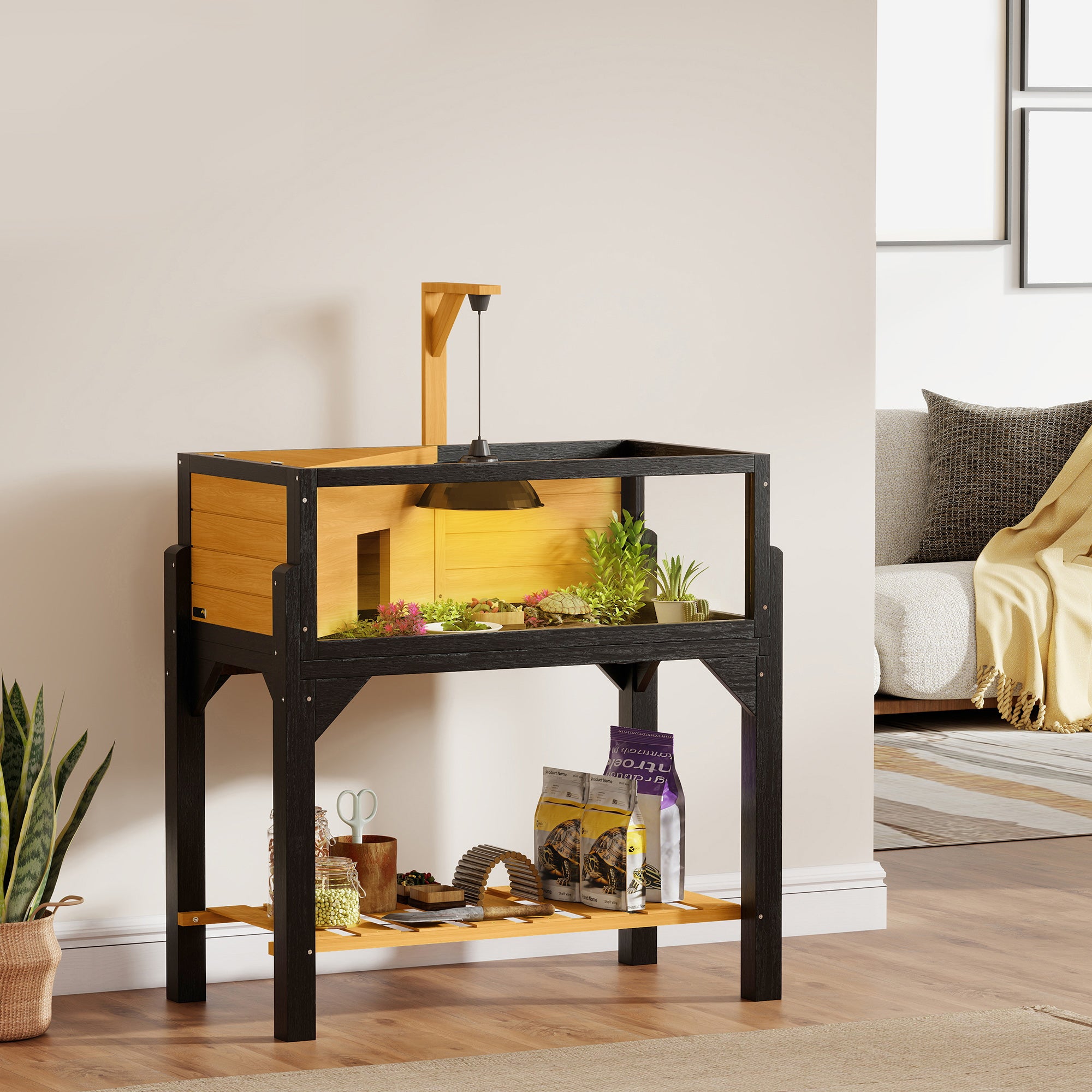 pawhut-enclos-tortue-en-bois-avec-tag-re-fen-tres-et-support-lampe-jaune-int-rie image 4