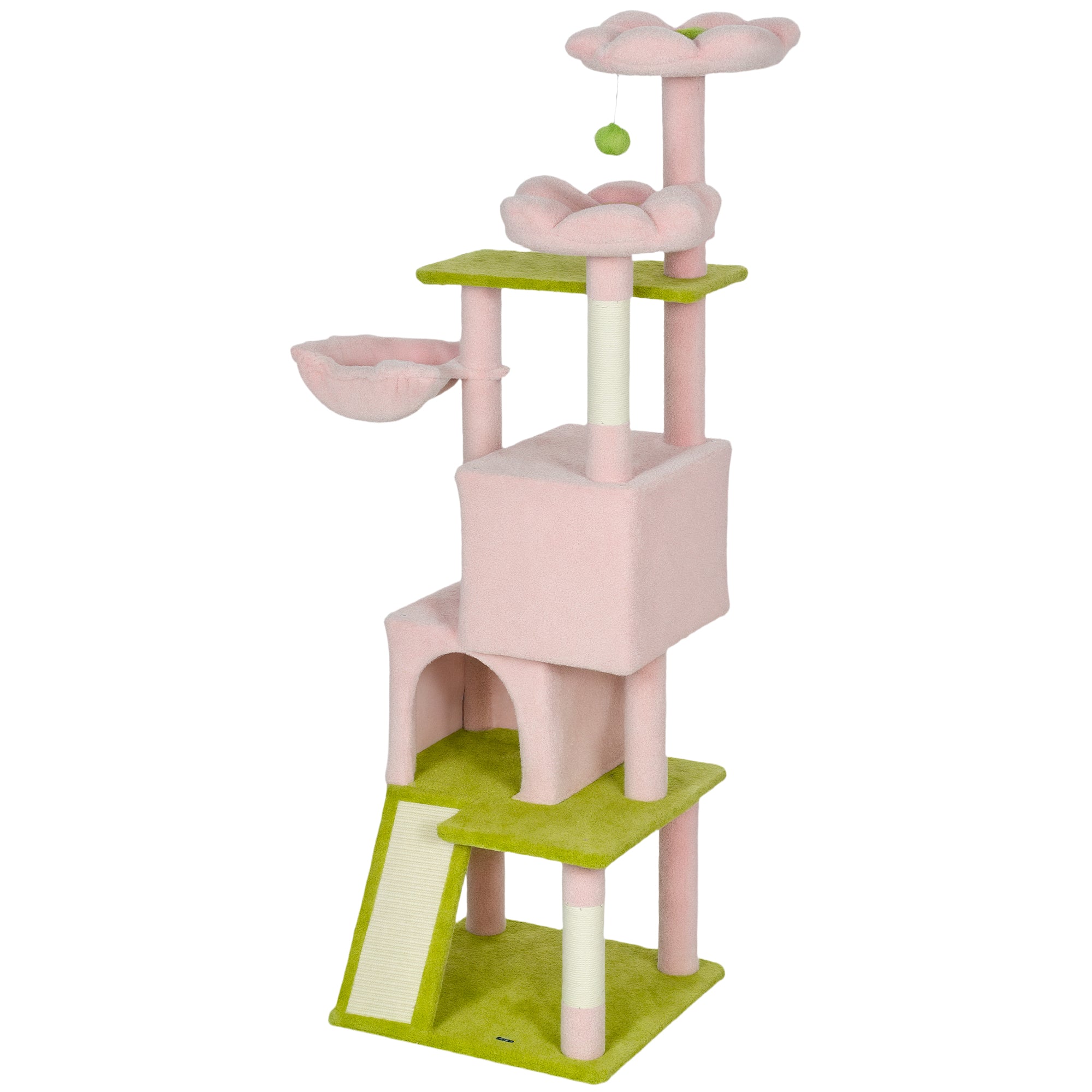 pawhut-arbre-chat-fleur-157-cm-62-2-niches-2-couches-et-hamac-rose image 2