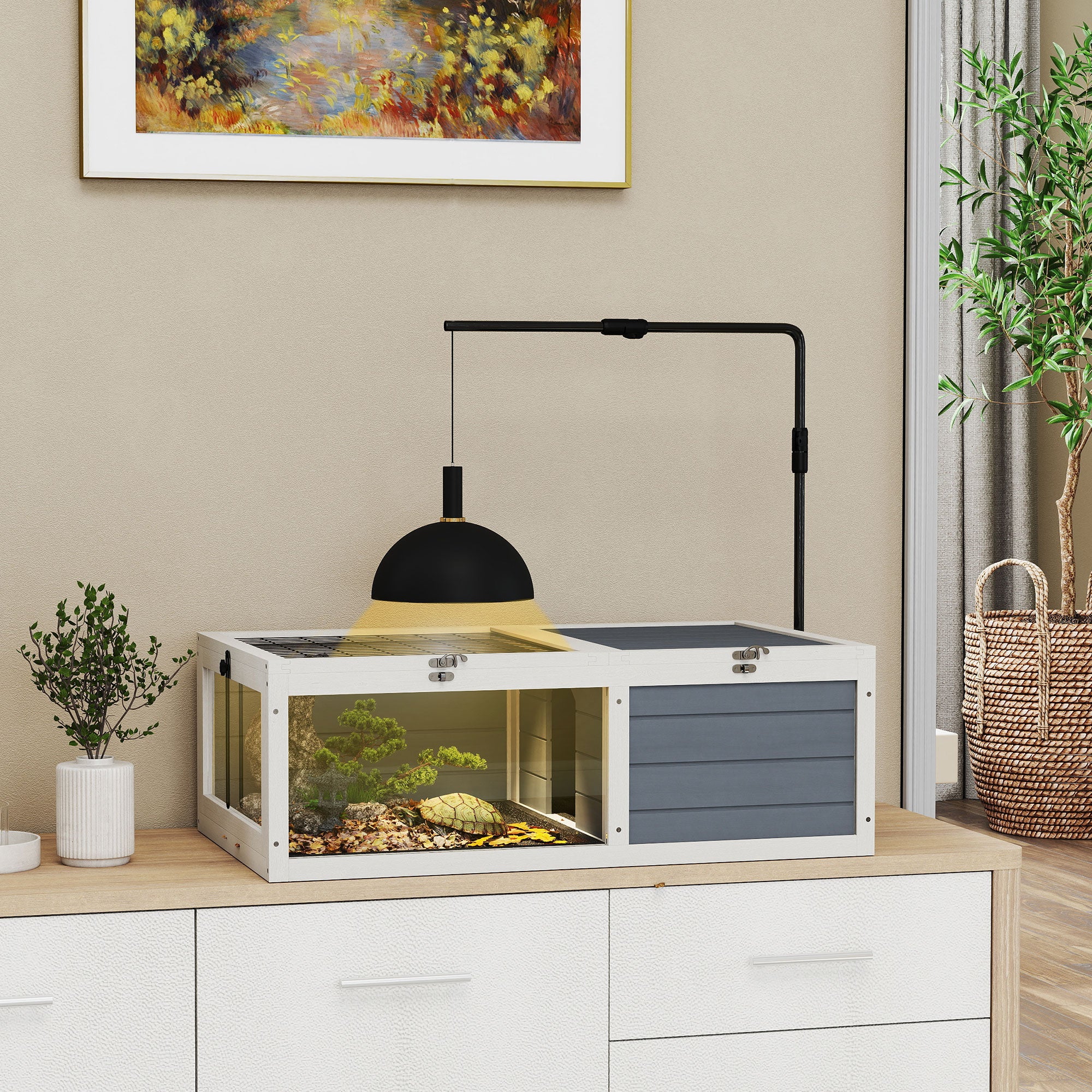 pawhut-maison-tortue-en-bois-habitat-ensoleill-avec-support-lampe-chauffante-gri image 3