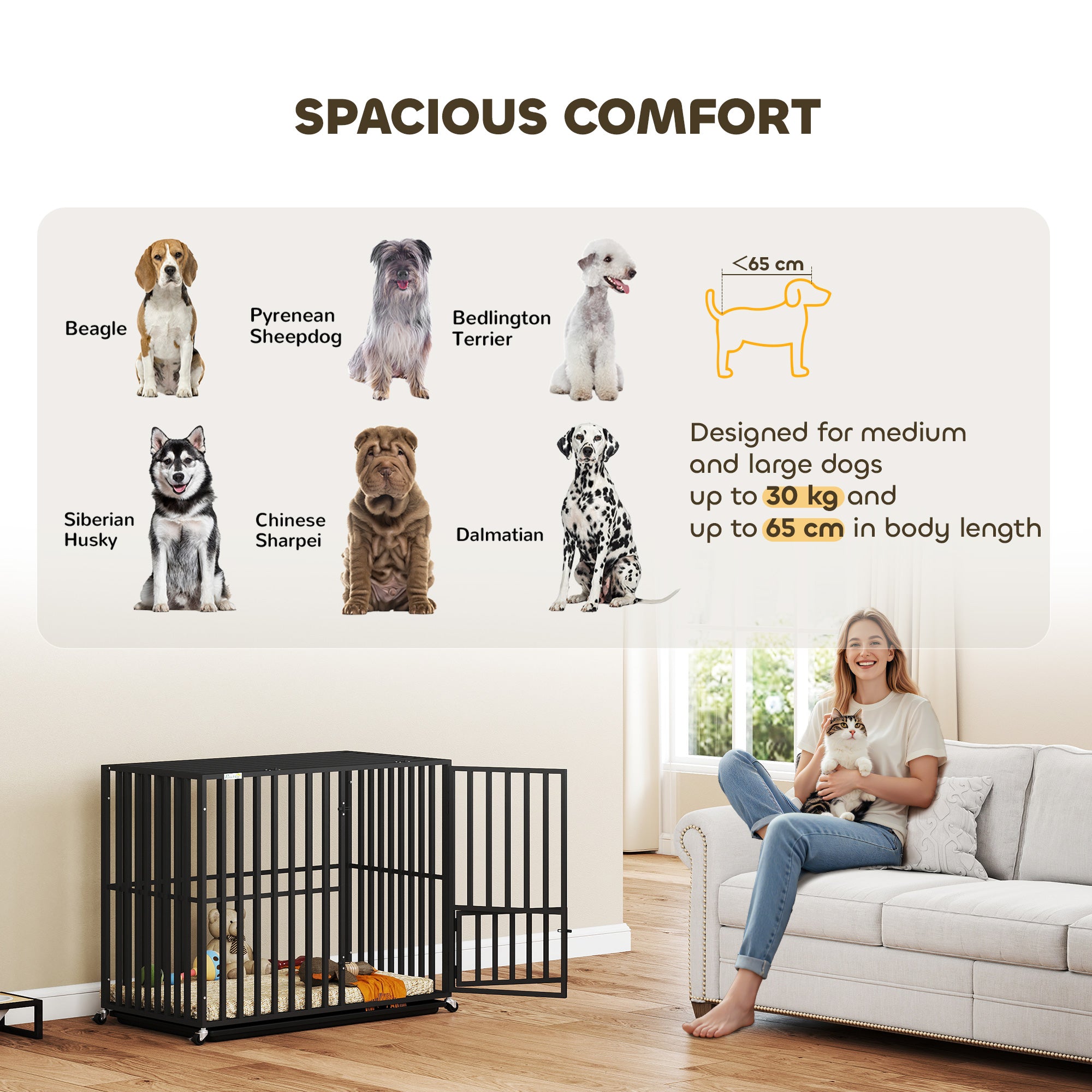 pawhut-cage-chien-robuste-roulettes-avec-plateau-et-dessus-ouvert-95x57x81-cm-no image 7