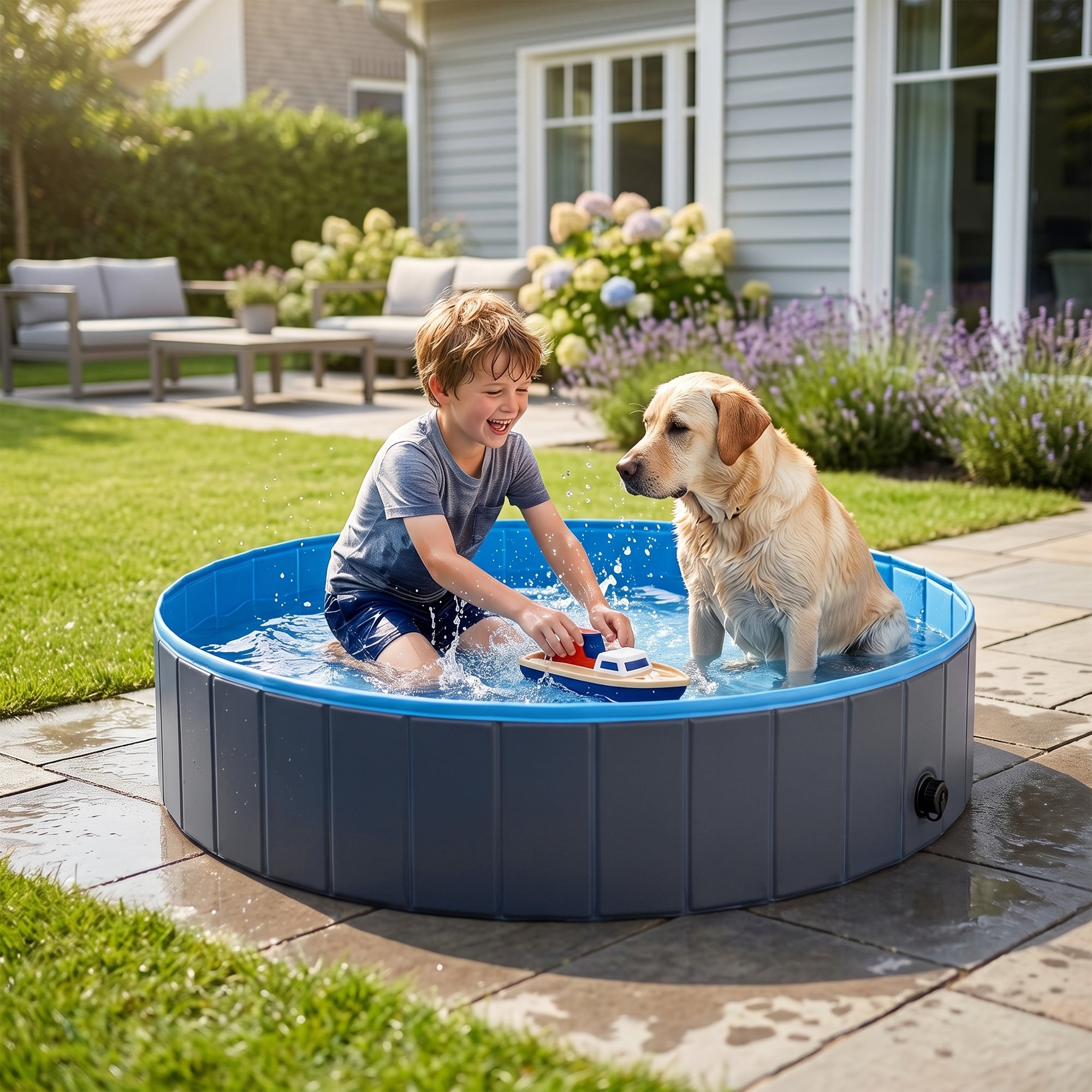 pawhut-piscine-pliable-pour-chien-160-x-30-cm-bleu-et-gris-fonc-avec-adaptateur- image 4