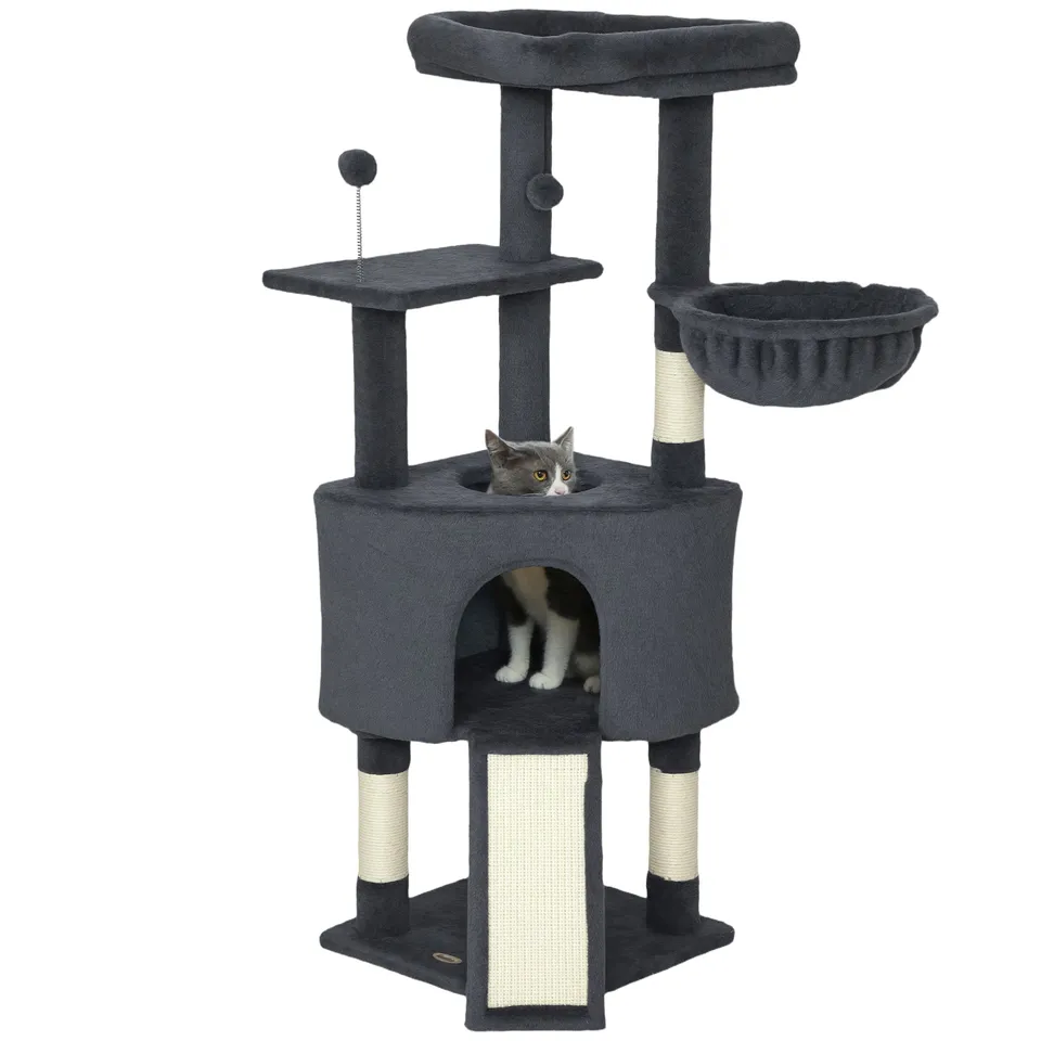 pawhut-arbre-chat-47-pouces-avec-niche-hamac-lit-et-chelle-gris-fonc image 1