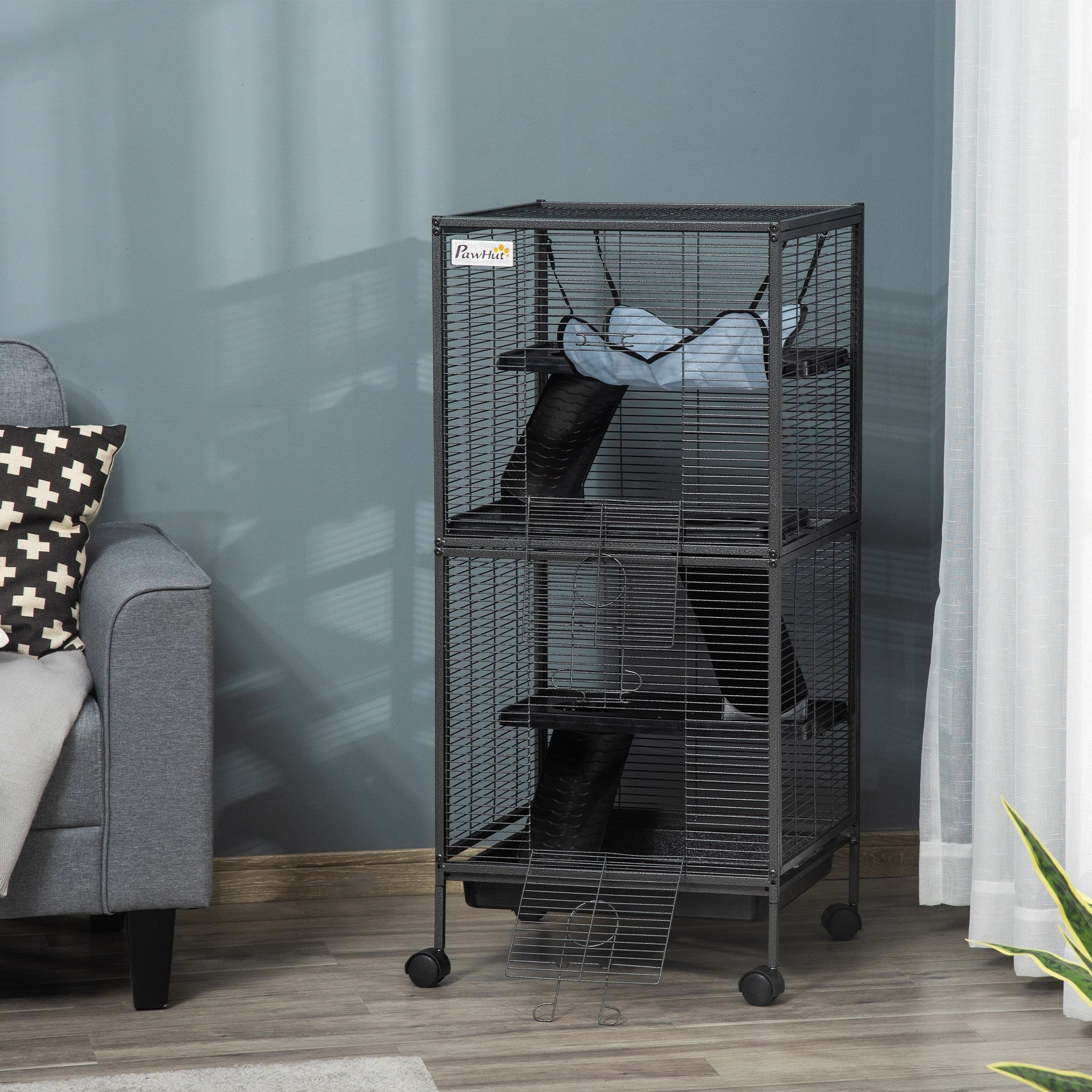 pawhut-cage-petits-animaux-4-tages-roulettes-avec-hamac-et-bac-gris image 5