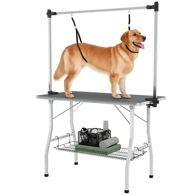 pawhut-table-de-toilettage-chien-pliable-107-cm-bras-r-glable-noire image 1