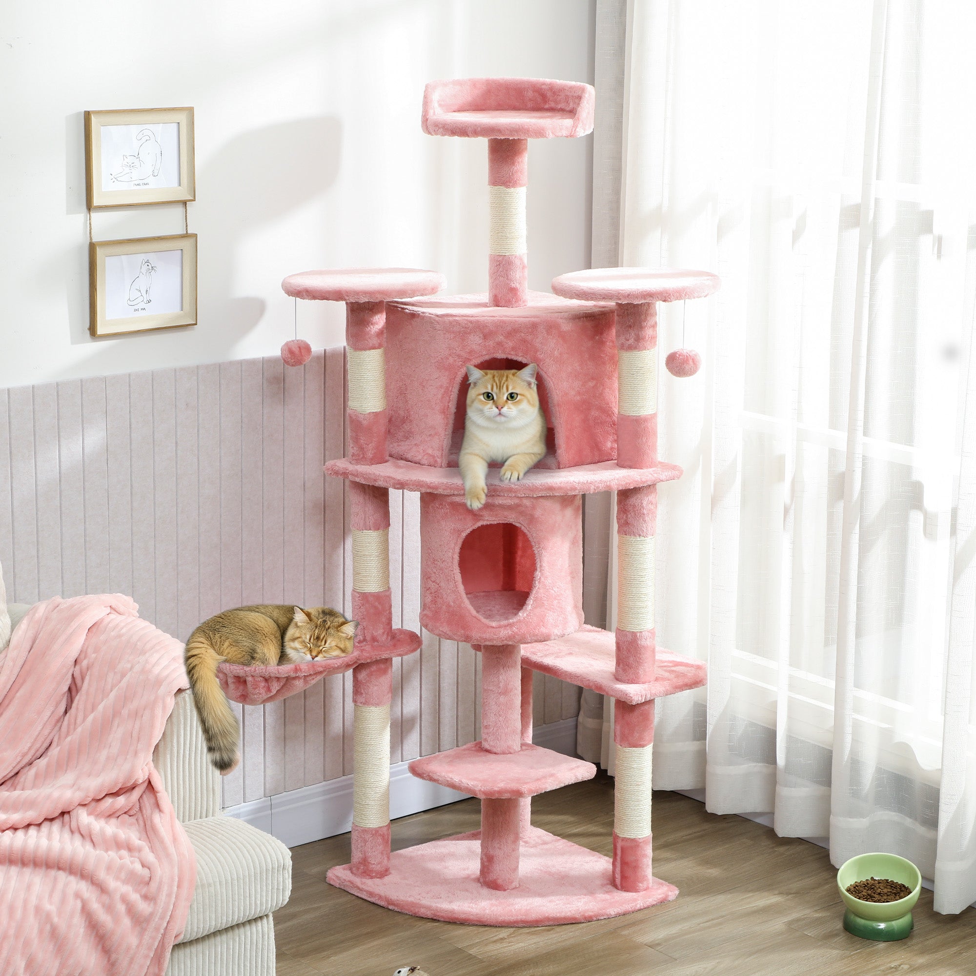 pawhut-arbre-chat-157-cm-avec-2-niches-hamac-et-perchoirs-rose image 3
