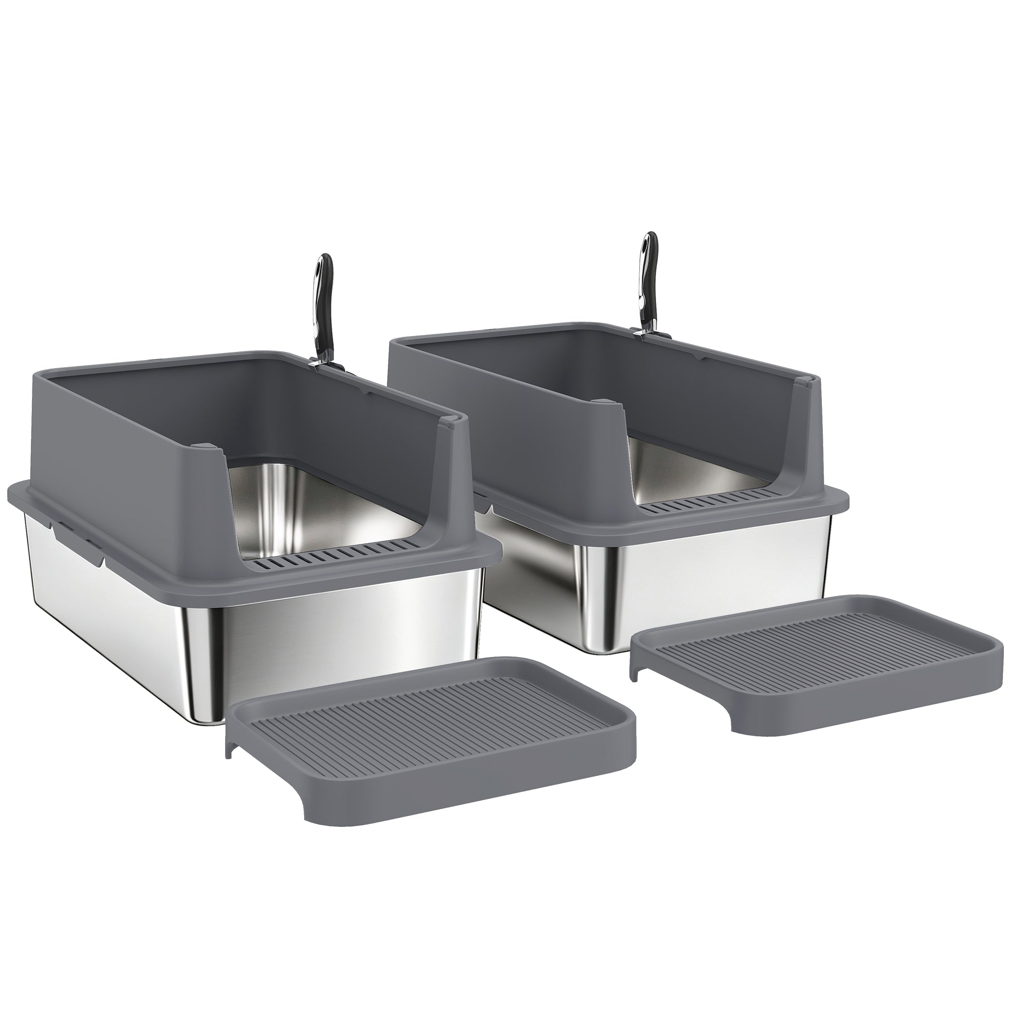 pawhut-bac-liti-re-chat-inox-xl-lot-de-2-avec-marche-et-pelles image 2