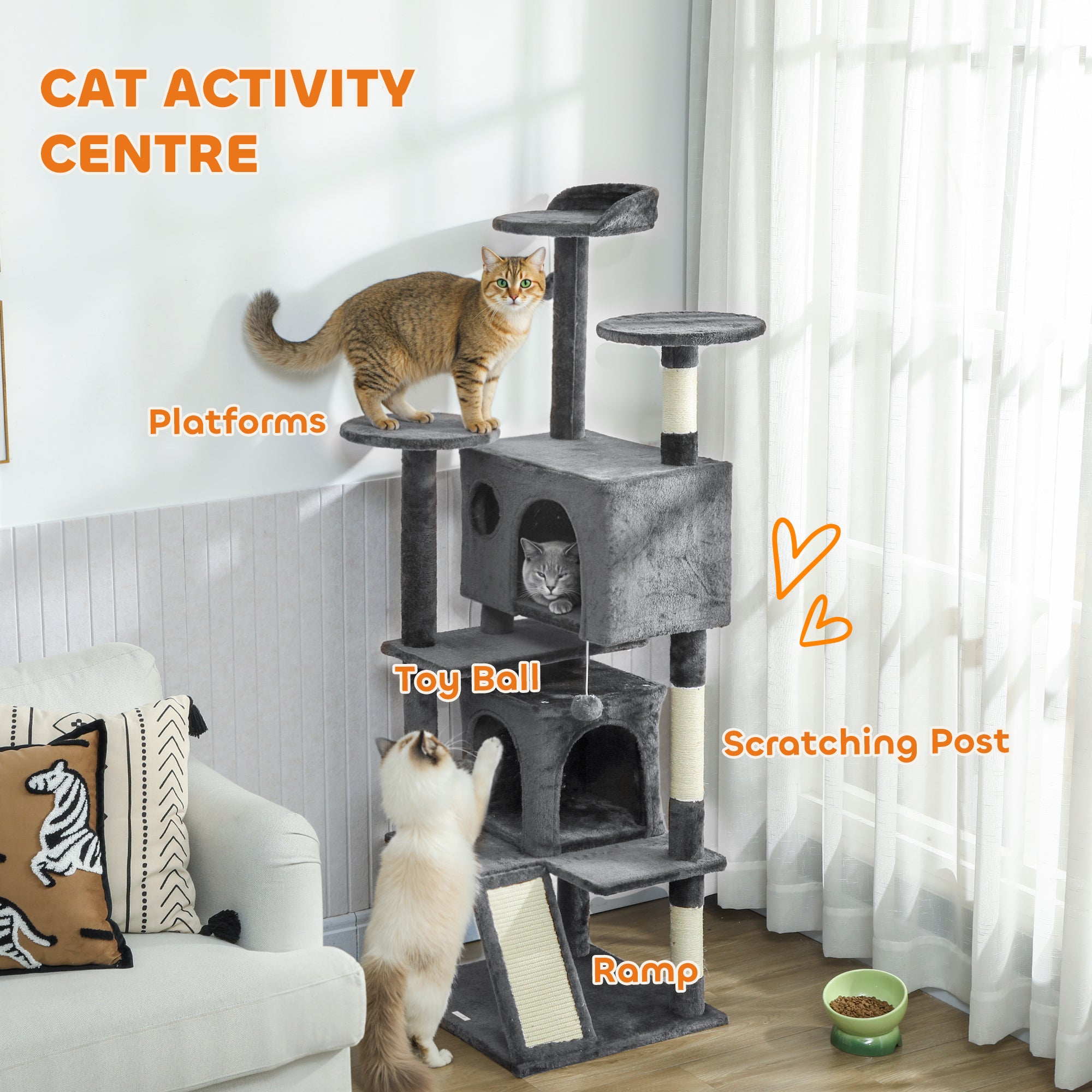 pawhut-arbre-chat-160-cm-avec-2-niches-lit-rampe-et-griffoirs-gris-fonc image 6