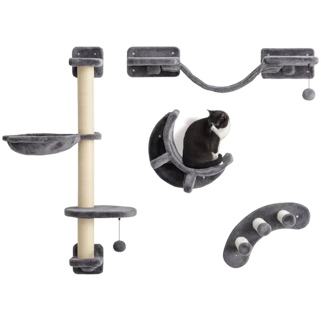 pawhut-mur-d-escalade-chat-4-pi-ces-avec-hamac-et-griffoirs-gris image 1