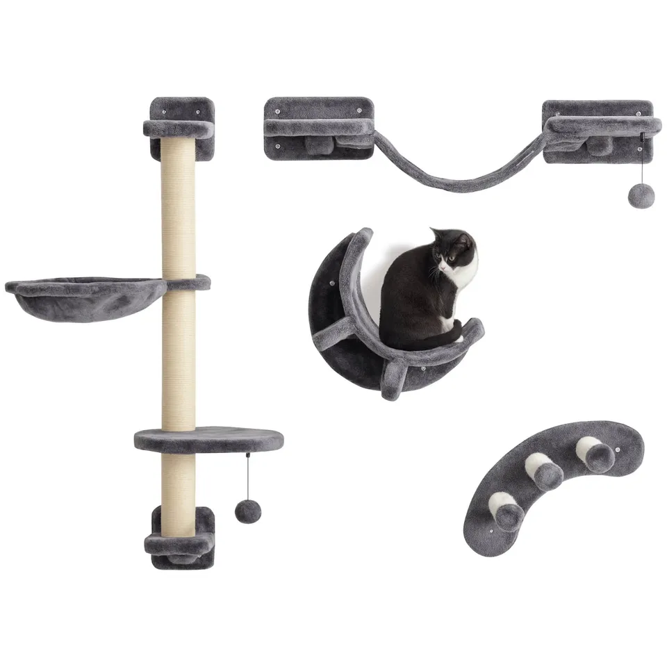pawhut-mur-d-escalade-chat-4-pi-ces-avec-hamac-et-griffoirs-gris image 1