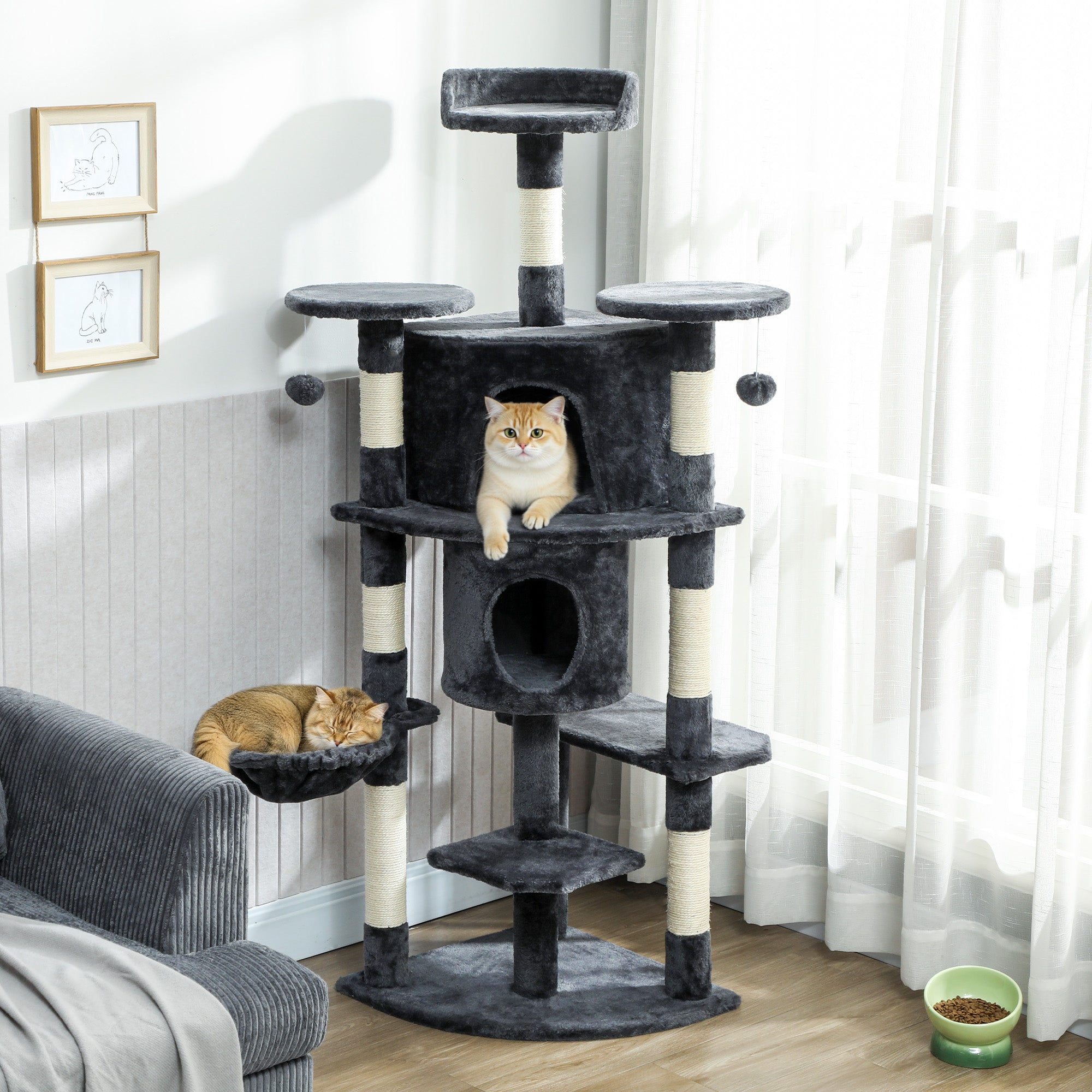 pawhut-arbre-chat-62-pouces-157-cm-avec-2-niches-hamac-et-perchoirs-gris-fonc image 3