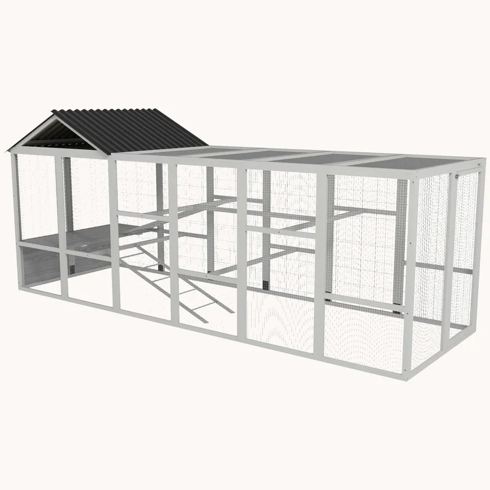 enclos-poules-pawhut-gris-avec-rangement-perchoirs-2-niveaux-et-chelles-extensio image 1