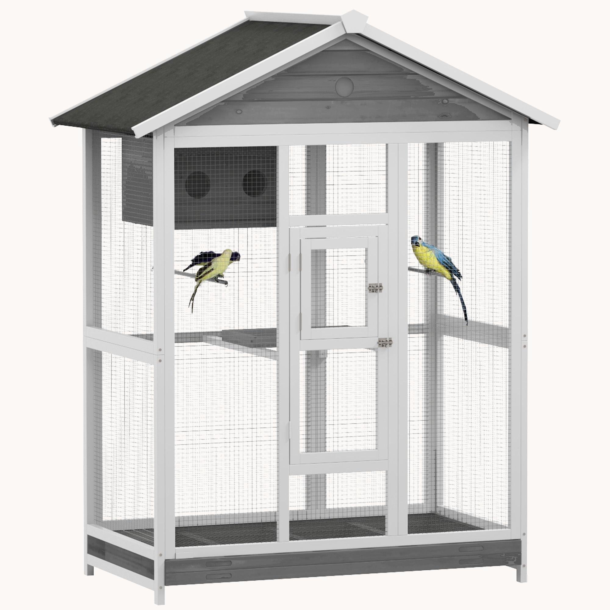 pawhut-voli-re-cage-oiseaux-bois-164-cm-grise-avec-4-perchoirs-et-plateau image 1