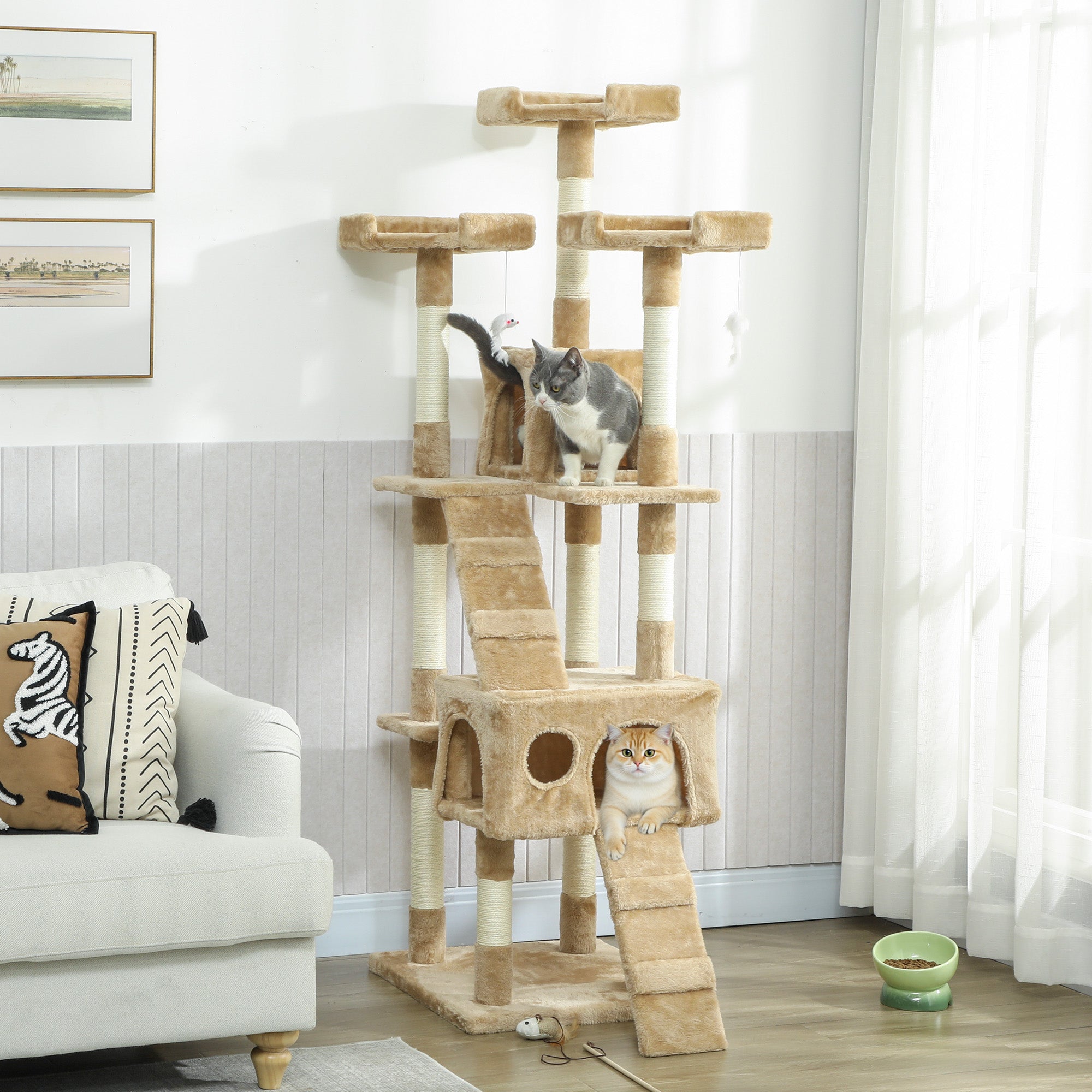 pawhut-arbre-chat-68-avec-2-niches-perchoirs-et-griffoirs-marron-clair image 3