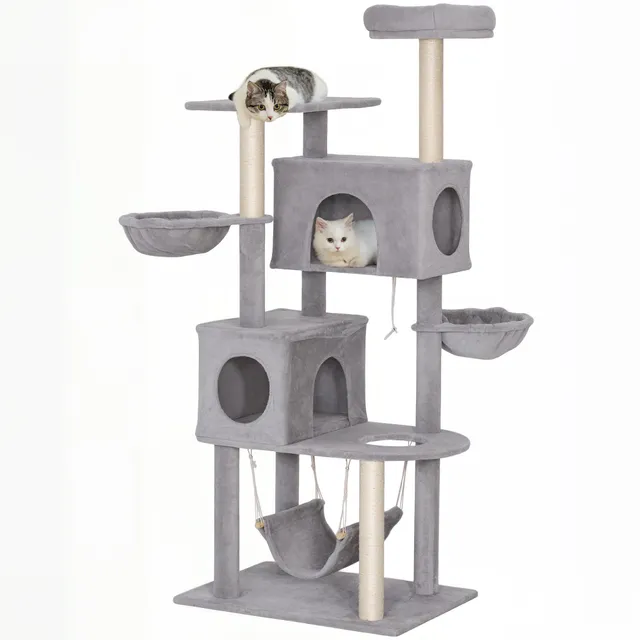 pawhut-arbre-chat-66-pouces-avec-2-niches-3-hamacs-et-perchoir-sup-rieur-gris-cl image 1