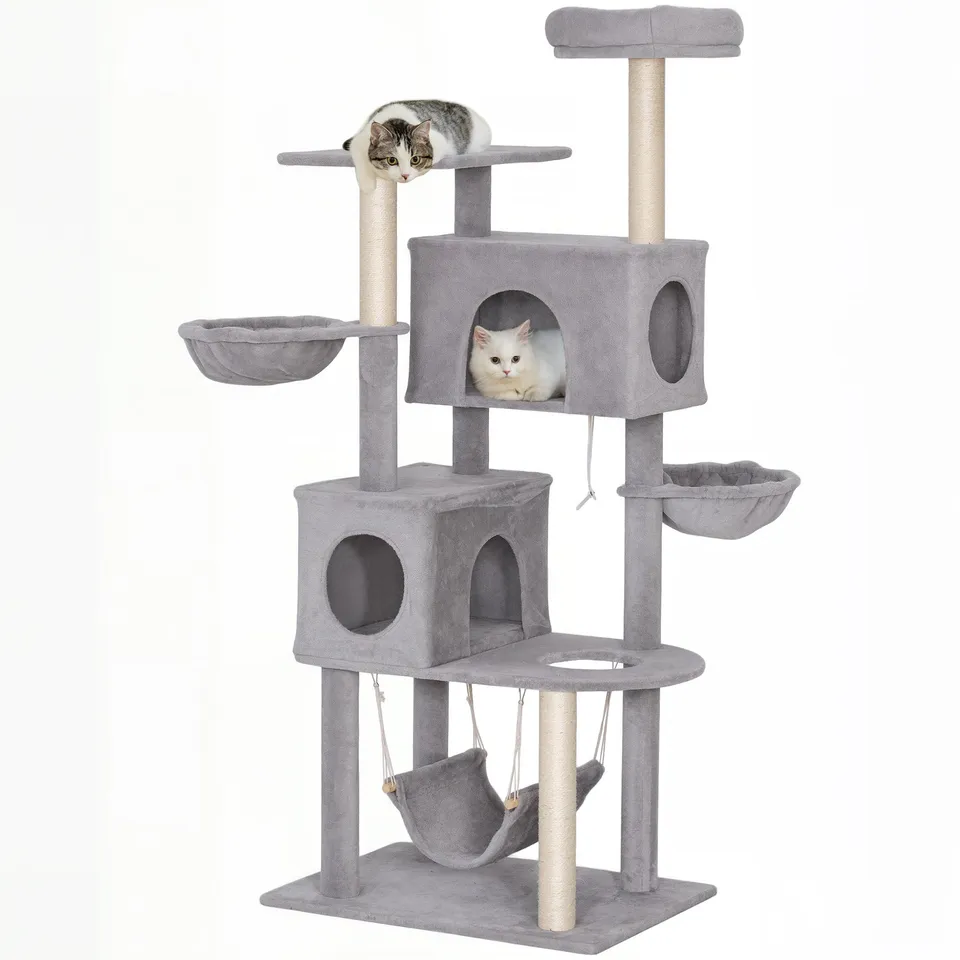 pawhut-arbre-chat-66-pouces-avec-2-niches-3-hamacs-et-perchoir-sup-rieur-gris-cl image 1