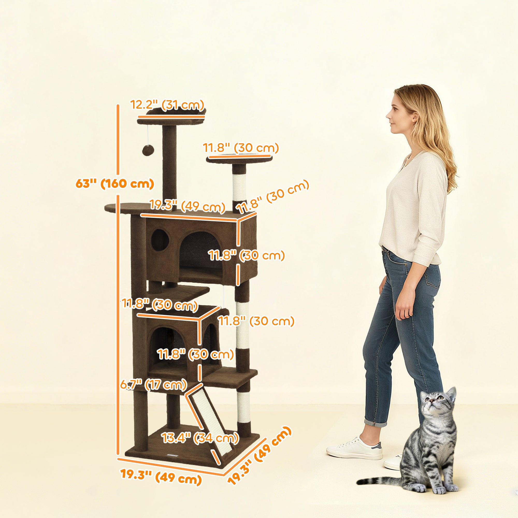 pawhut-arbre-chat-160-cm-avec-2-niches-lit-rampe-et-griffoirs-marron-clair image 5