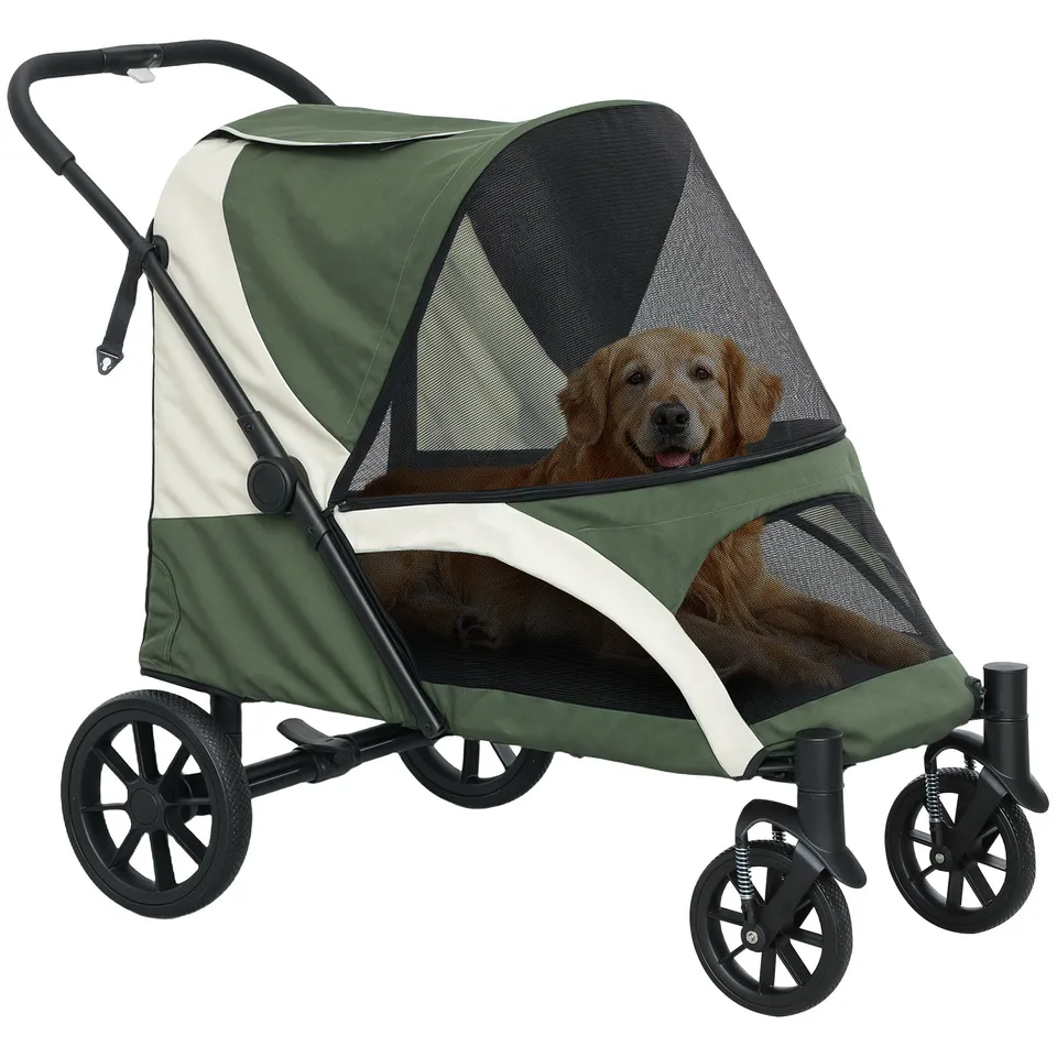 pawhut-poussette-pour-grand-chien-roues-amortissantes-pliable-en-1-clic-verte image 1