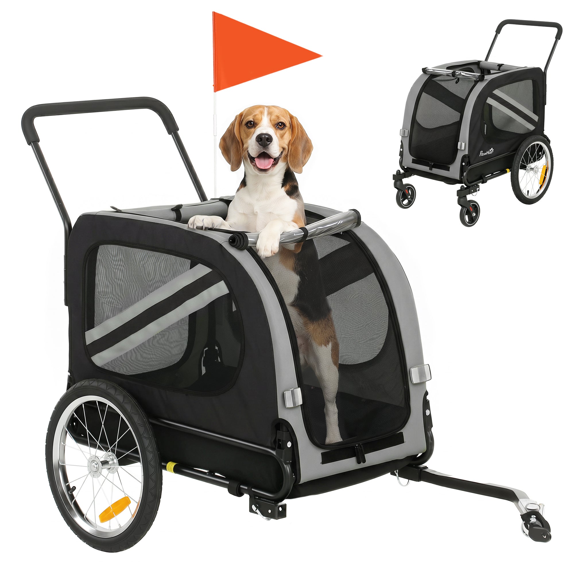 pawhut-remorque-v-lo-chien-2-en-1-et-poussette-avec-r-flecteurs-grise image 1