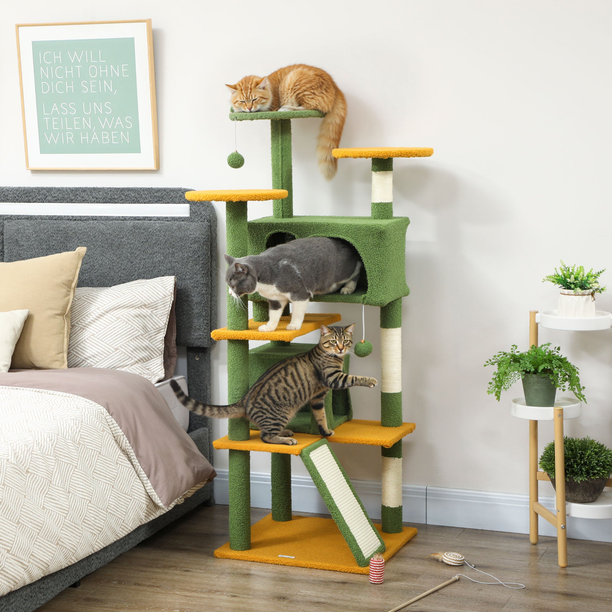 pawhut-arbre-chat-137-cm-54-vert-avec-niches-hamac-rampe-et-griffoirs-sisal image 4