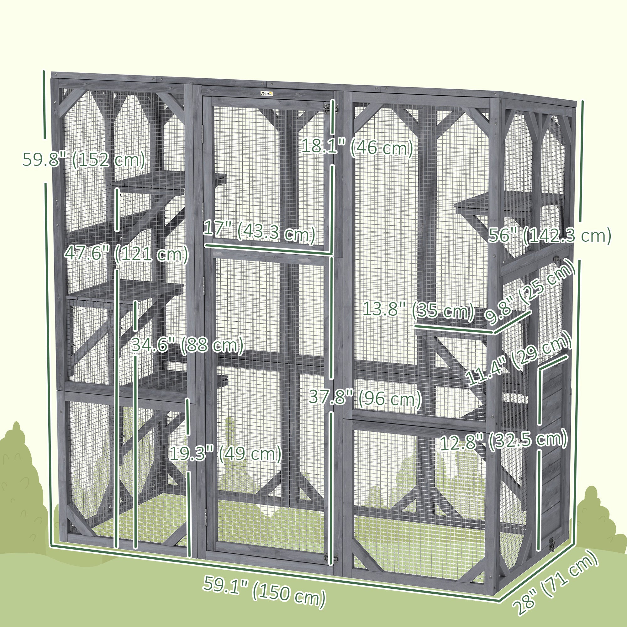 pawhut-catio-ext-rieur-grand-enclos-avec-6-plateformes-et-toit-imperm-able-gris image 5