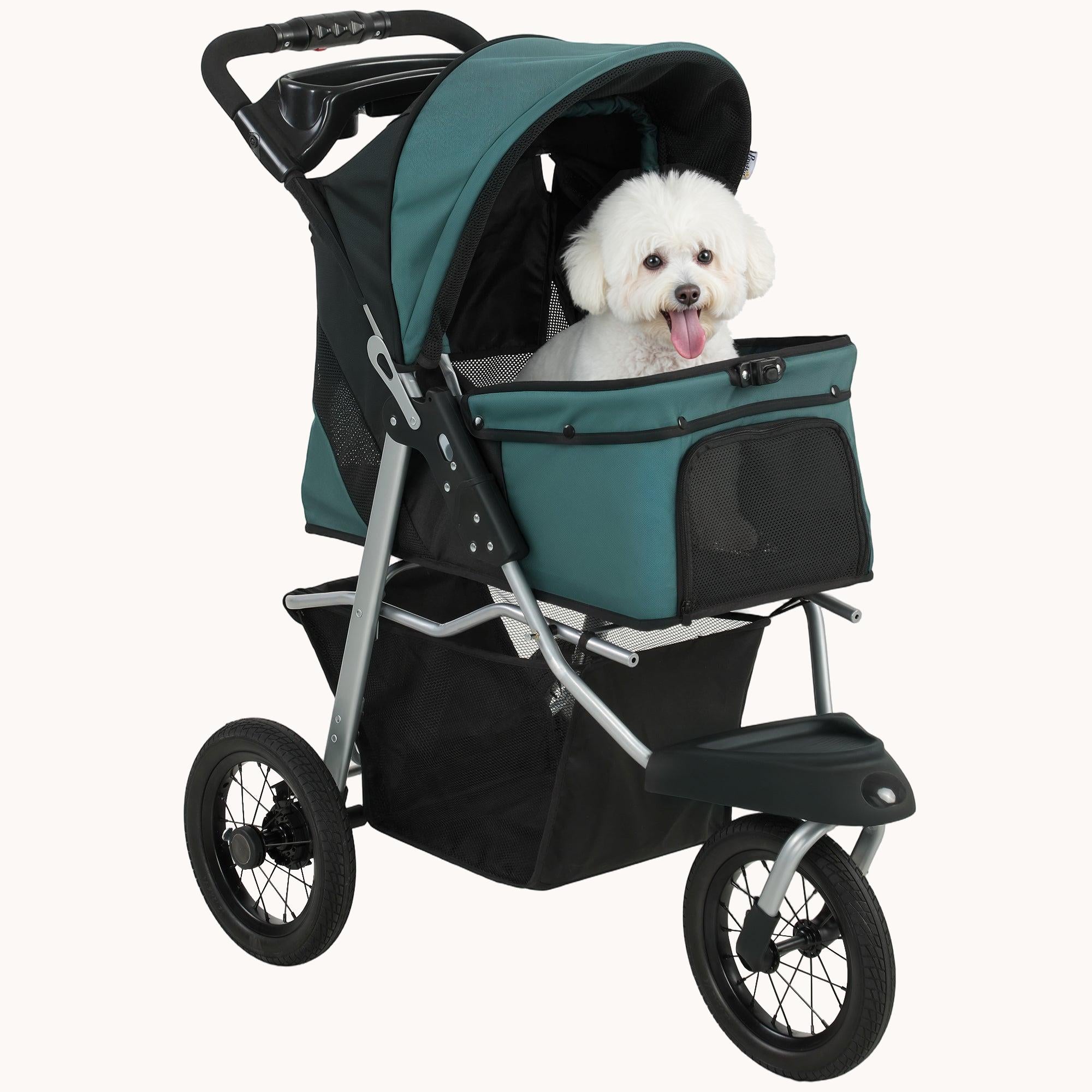 pawhut-poussette-pour-chien-pliable-3-roues-12-jusqu-10-kg-vert-fonc image 1