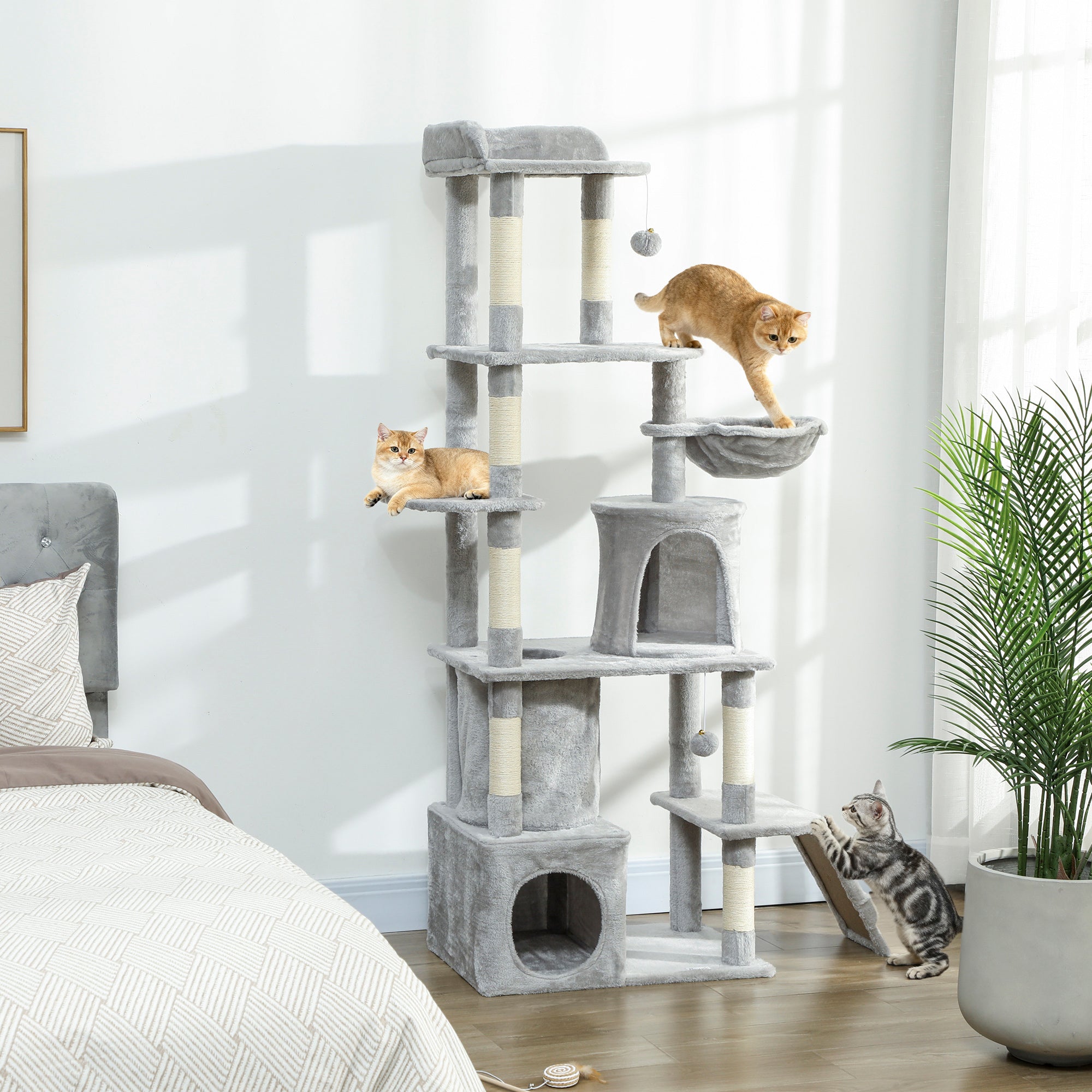 pawhut-grand-arbre-chat-170-cm-7-griffoirs-tunnel-2-niches-hamac-gris-clair image 4