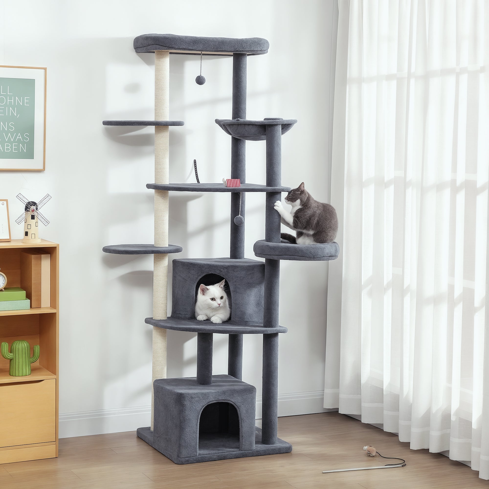 pawhut-arbre-chat-g-ant-79-avec-2-niches-2-perchoirs-et-hamac-gris-fonc image 3
