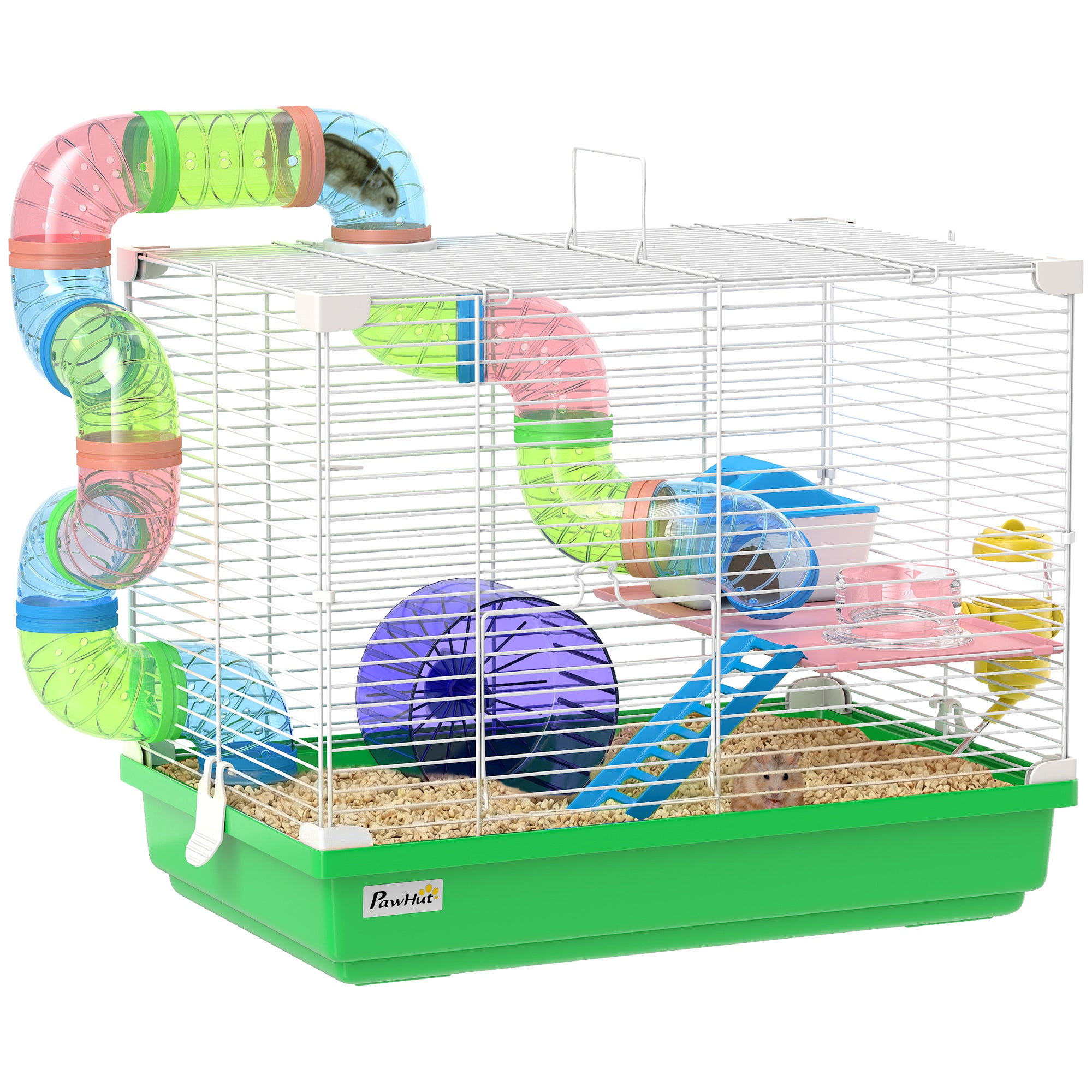 pawhut-cage-hamster-2-tages-avec-roue-tunnel-et-poign-e-verte image 1