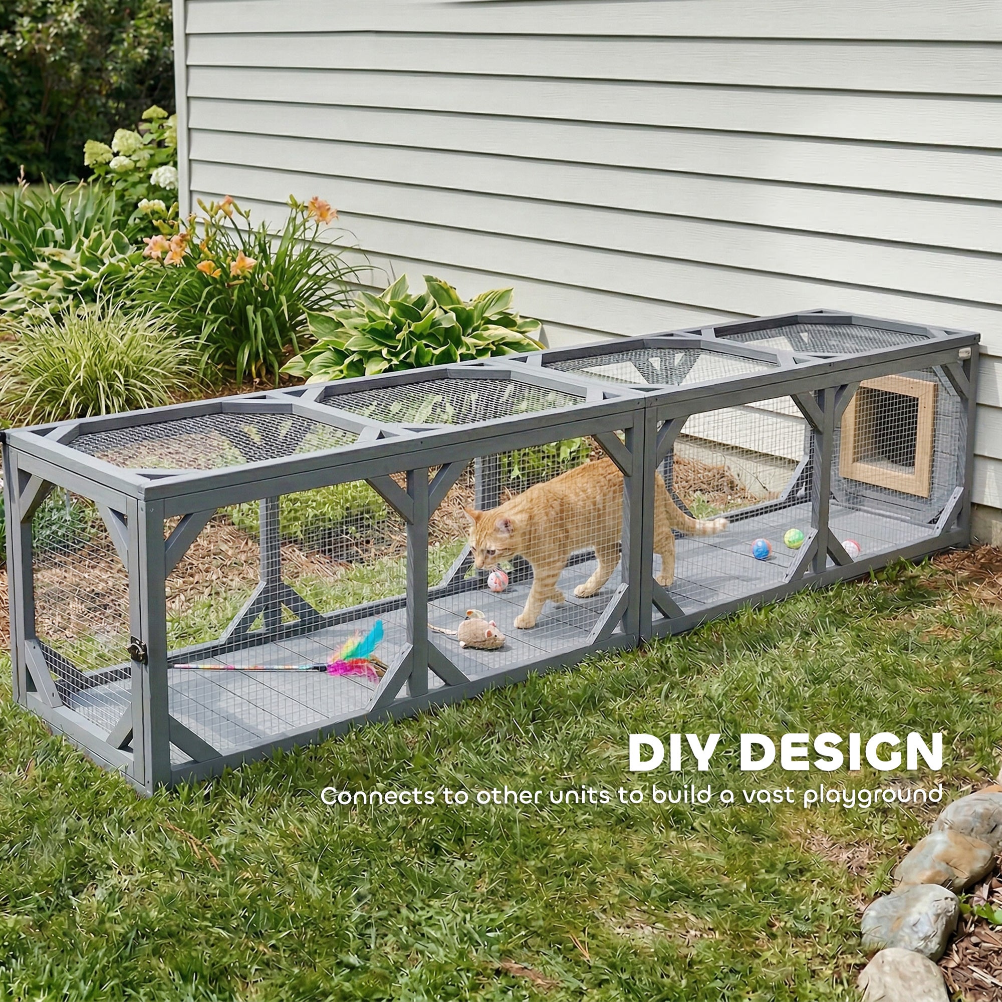 pawhut-tunnel-catio-mural-en-bois-avec-2-portes-et-design-extensible-gris image 8