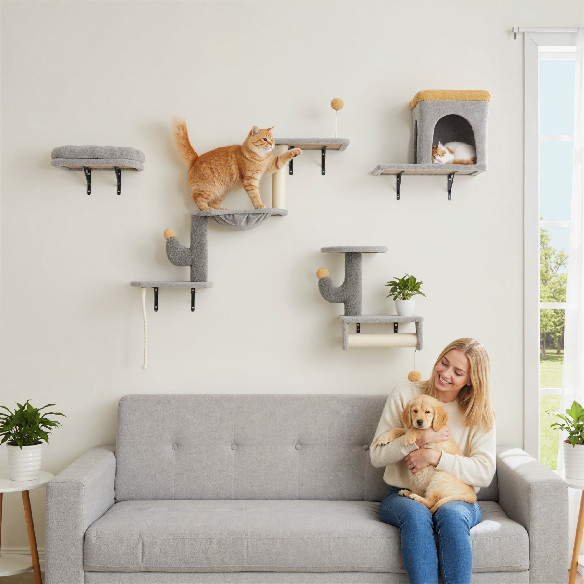 pawhut-set-4-tag-res-murales-pour-chat-avec-niche-hamac-lit-gris-clair image 4