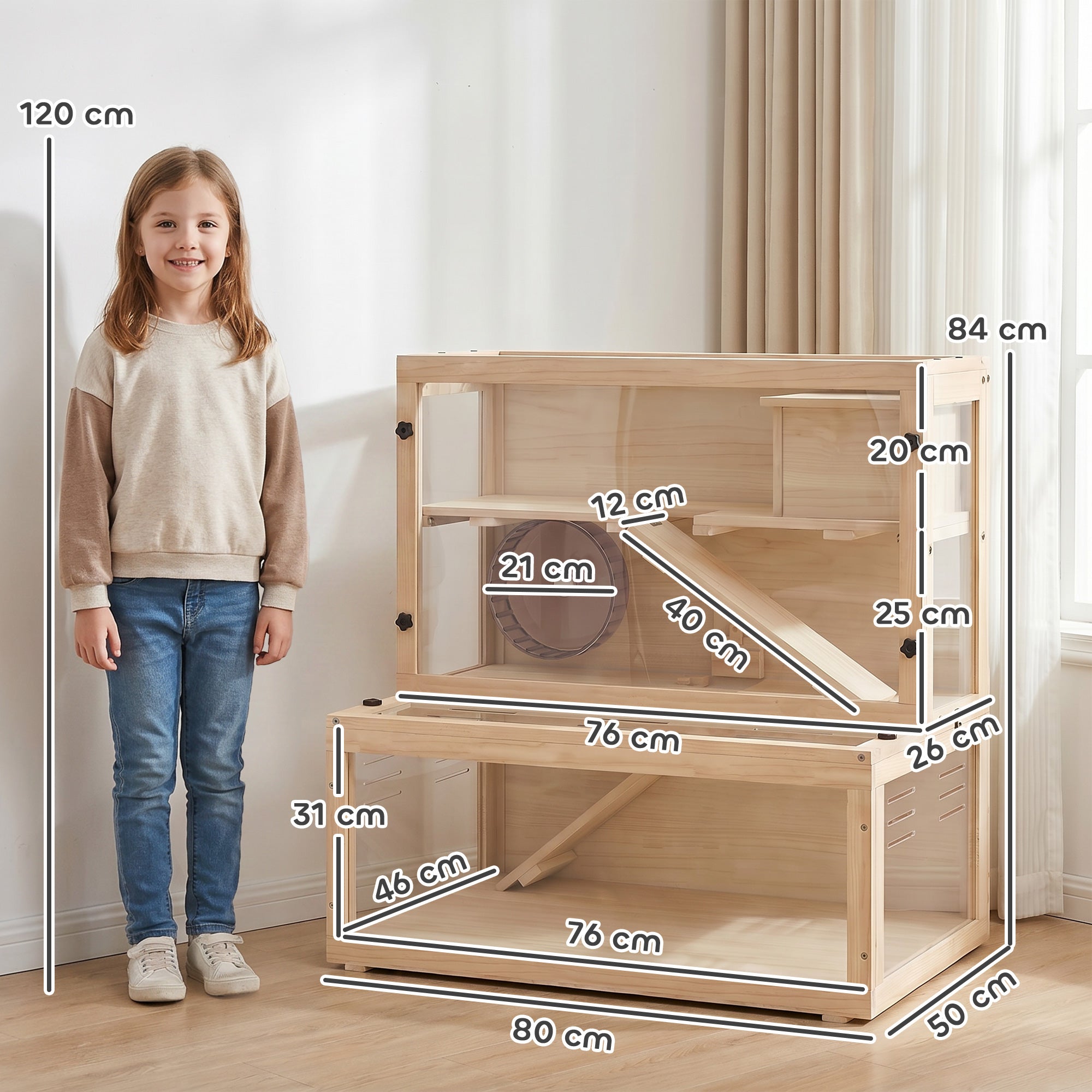 pawhut-cage-hamster-bois-3-tages-avec-cabane-roue-et-rampes-80-x-50-x-84-cm-natu image 5