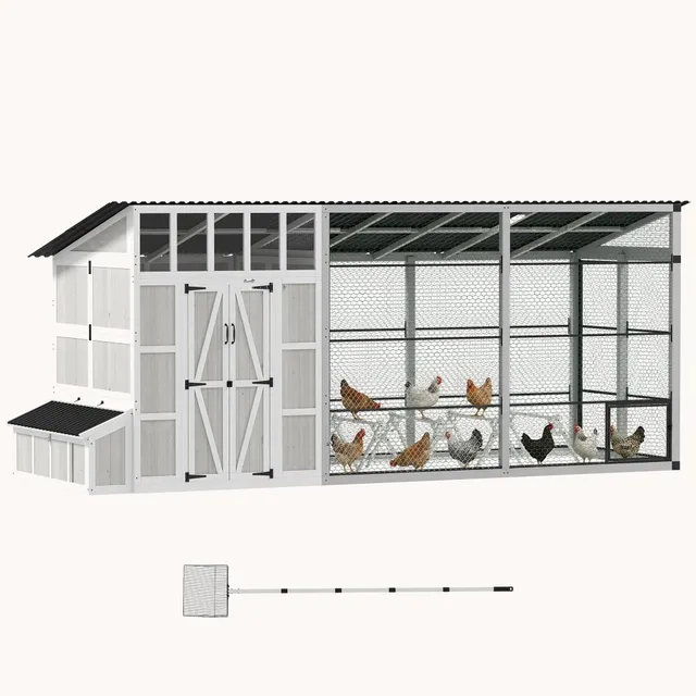 pawhut-poulailler-walk-in-212-10-15-poules-avec-enclos-gris-clair image 1