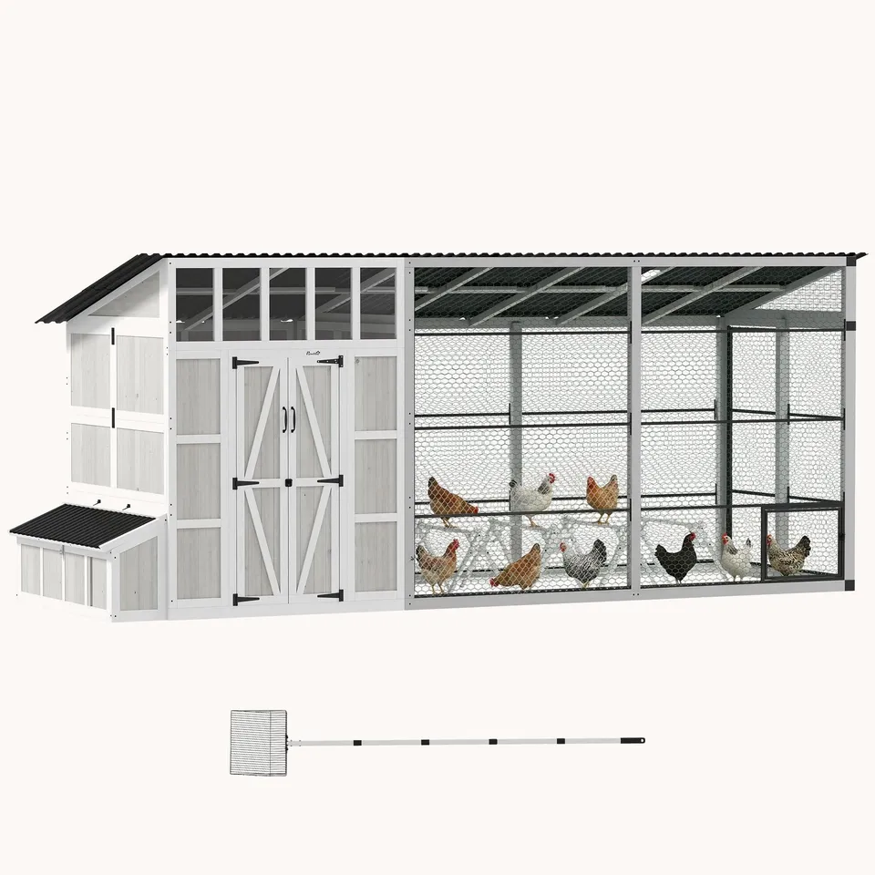pawhut-poulailler-walk-in-212-10-15-poules-avec-enclos-gris-clair image 1