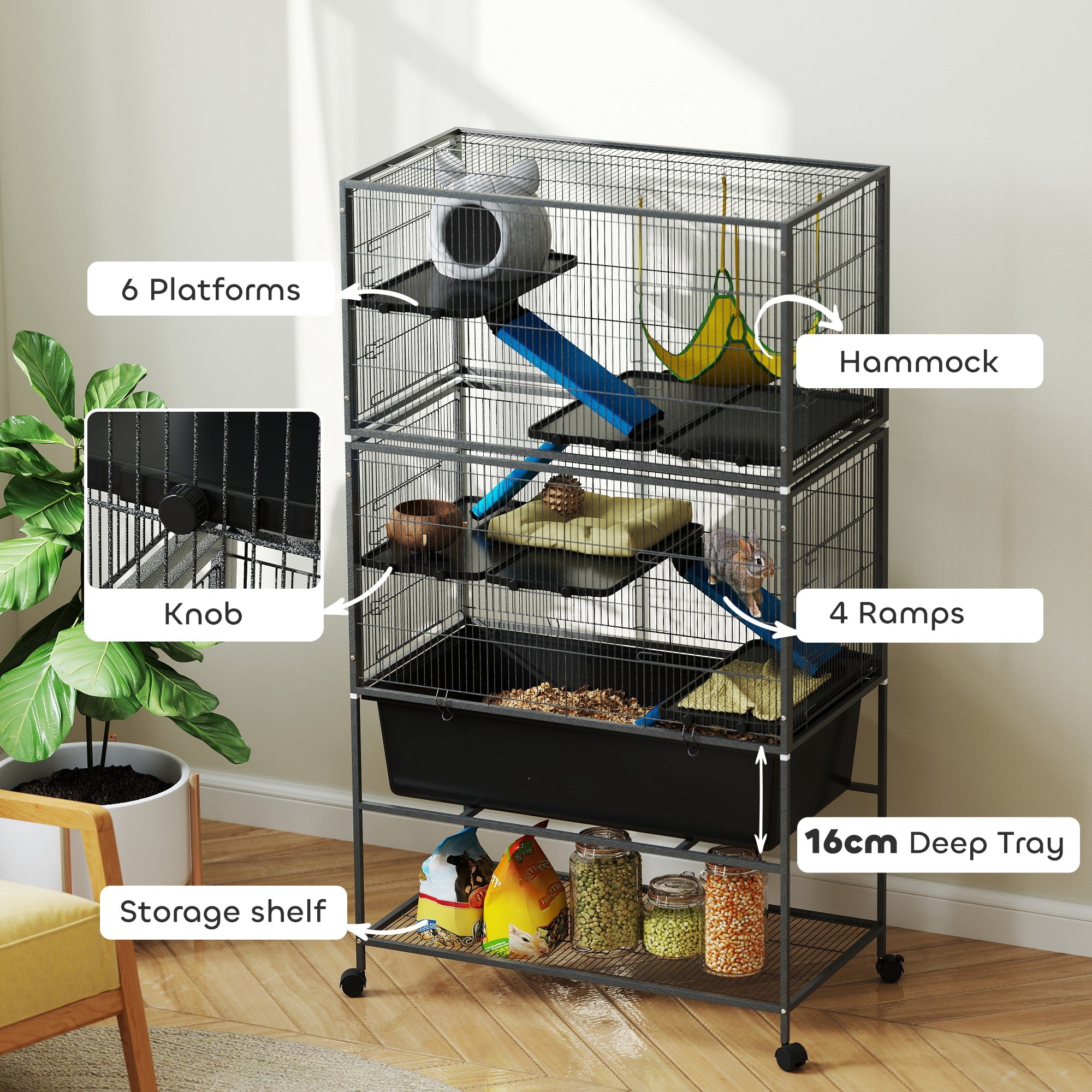 pawhut-cage-5-niveaux-pour-petits-animaux-avec-hamac-et-roulettes-gris-anthracit image 7