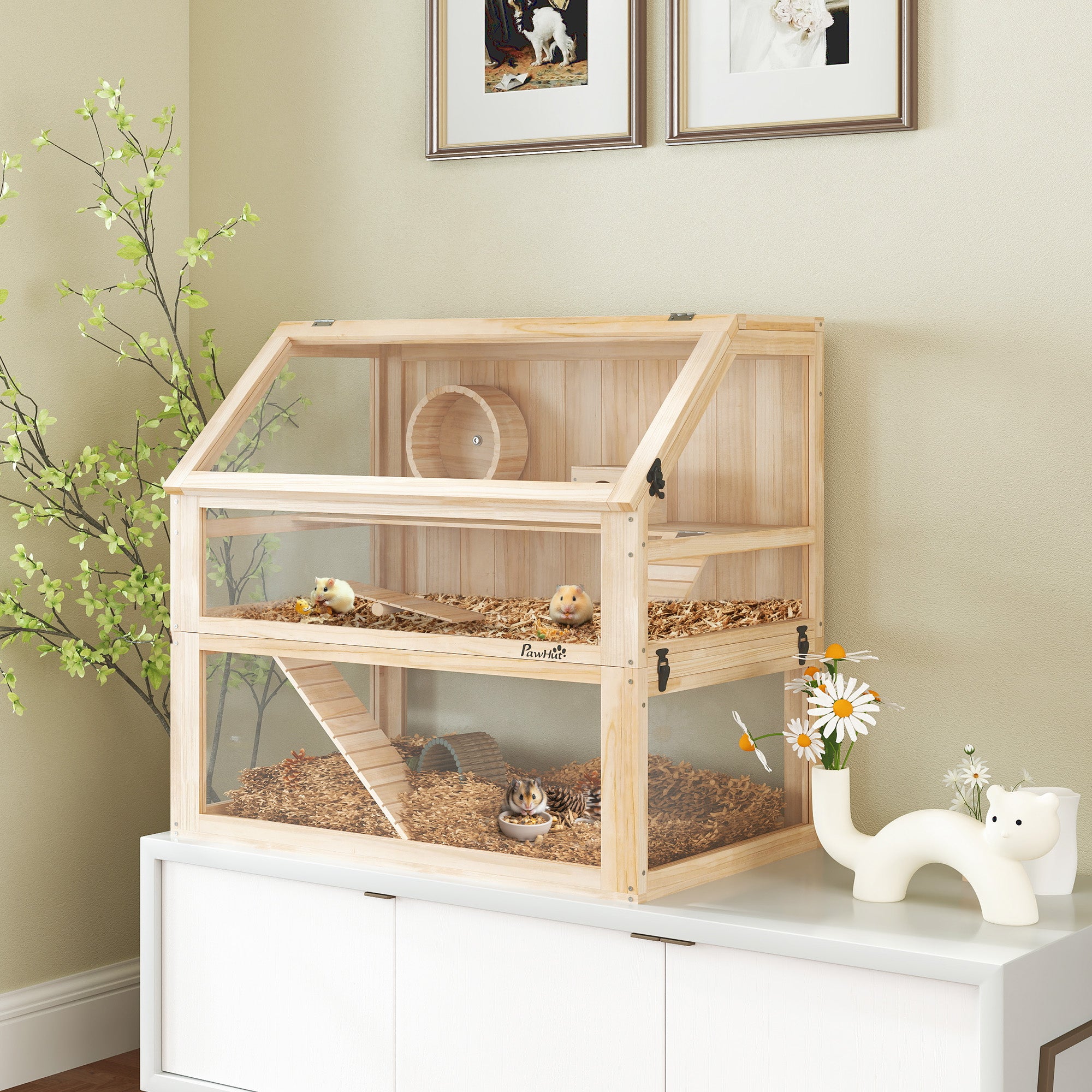 pawhut-cage-hamster-bois-3-tages-avec-roue-cabane-et-rampes-80-x-50-x-76-cm-natu image 3