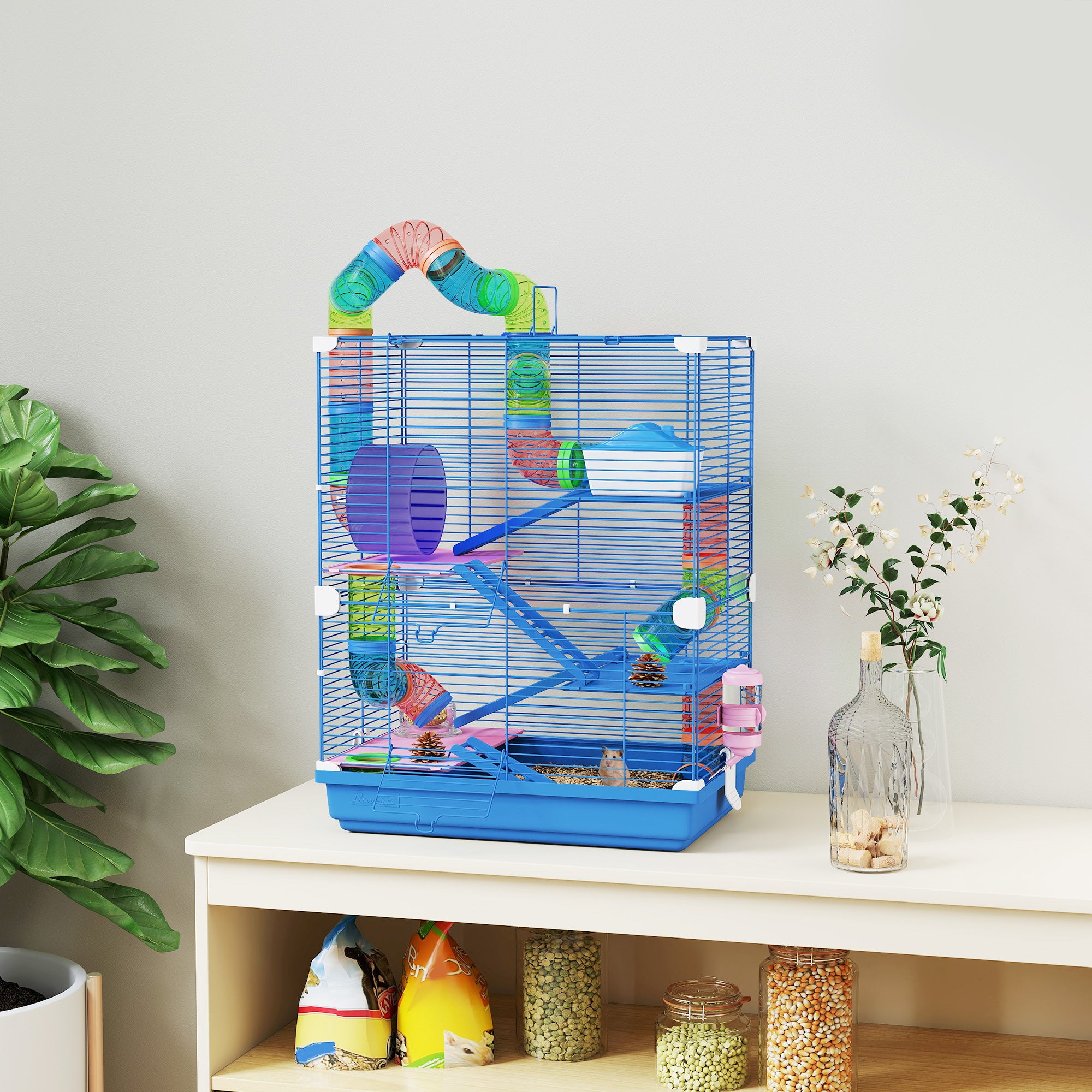 pawhut-cage-hamster-5-tages-tunnels-roue-bleu image 3