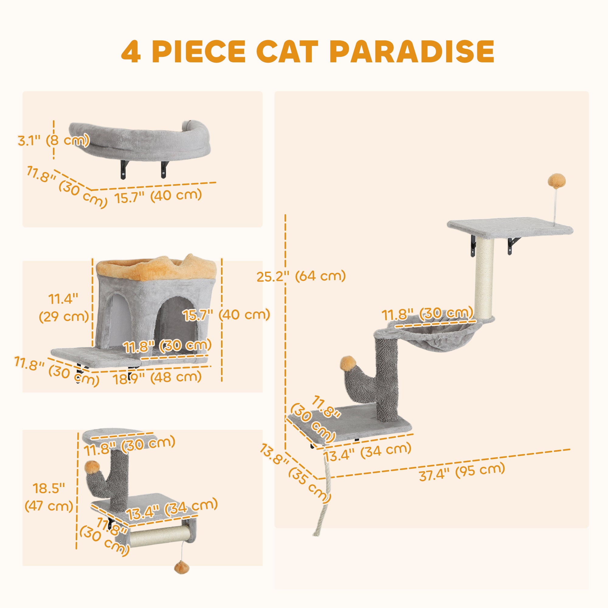 pawhut-set-4-tag-res-murales-pour-chat-avec-niche-hamac-lit-gris-clair image 5