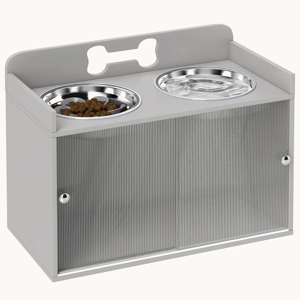pawhut-gamelle-sur-lev-e-pour-grand-chien-gris-avec-rangement-2-bols-inox image 1