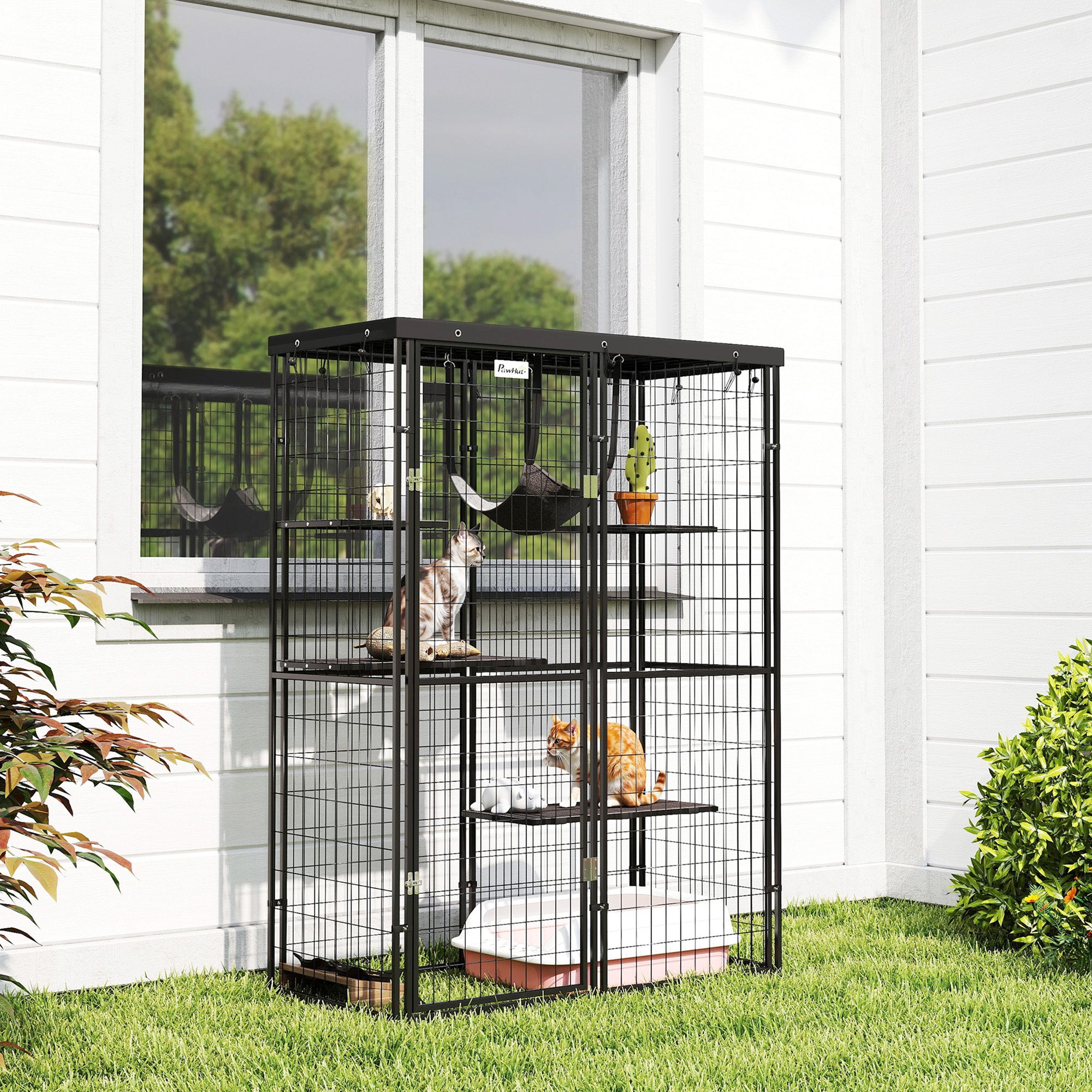 pawhut-catio-ext-rieur-m-tal-noir-avec-4-plateformes-hamac-et-b-che image 4