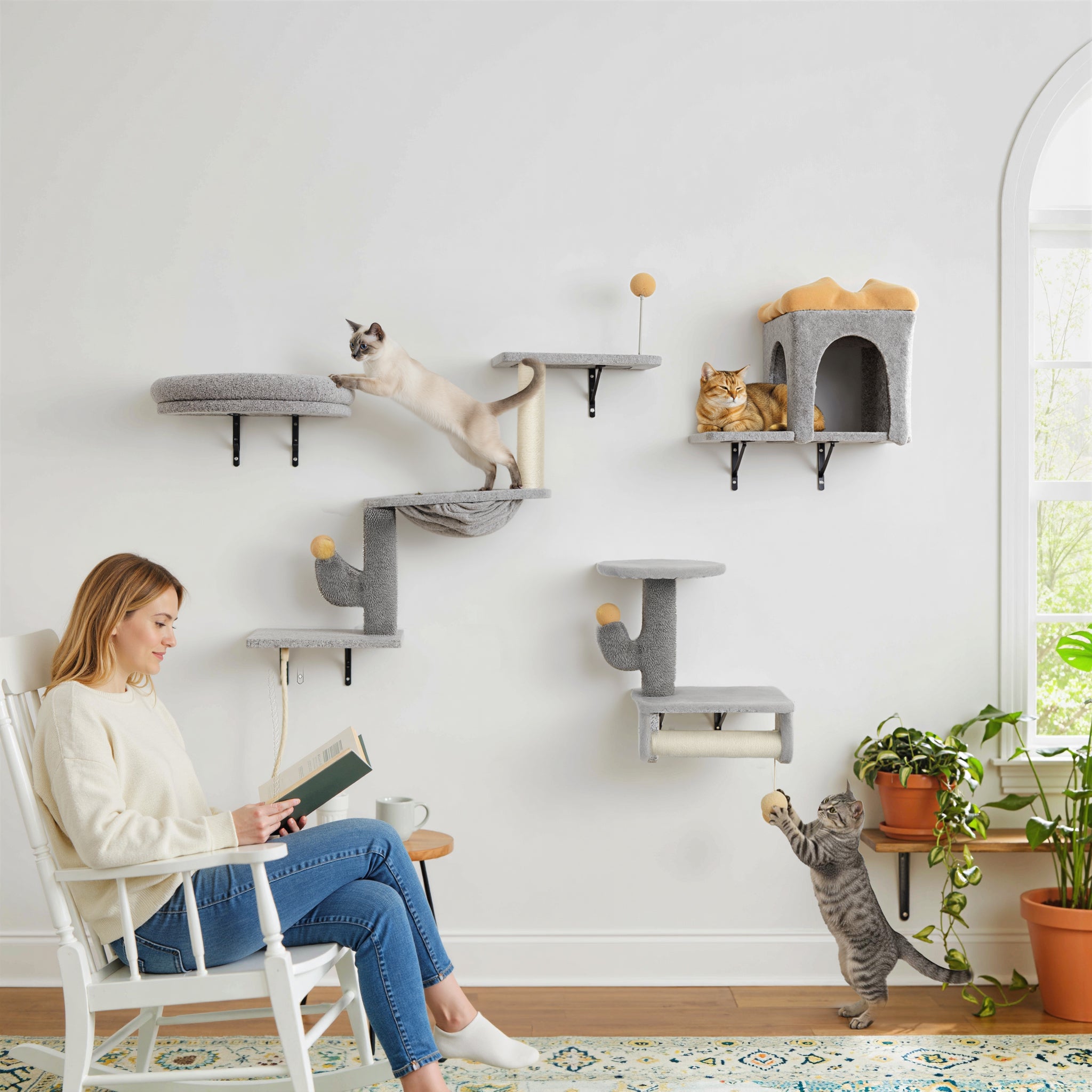 pawhut-set-4-tag-res-murales-pour-chat-avec-niche-hamac-lit-gris-clair image 3