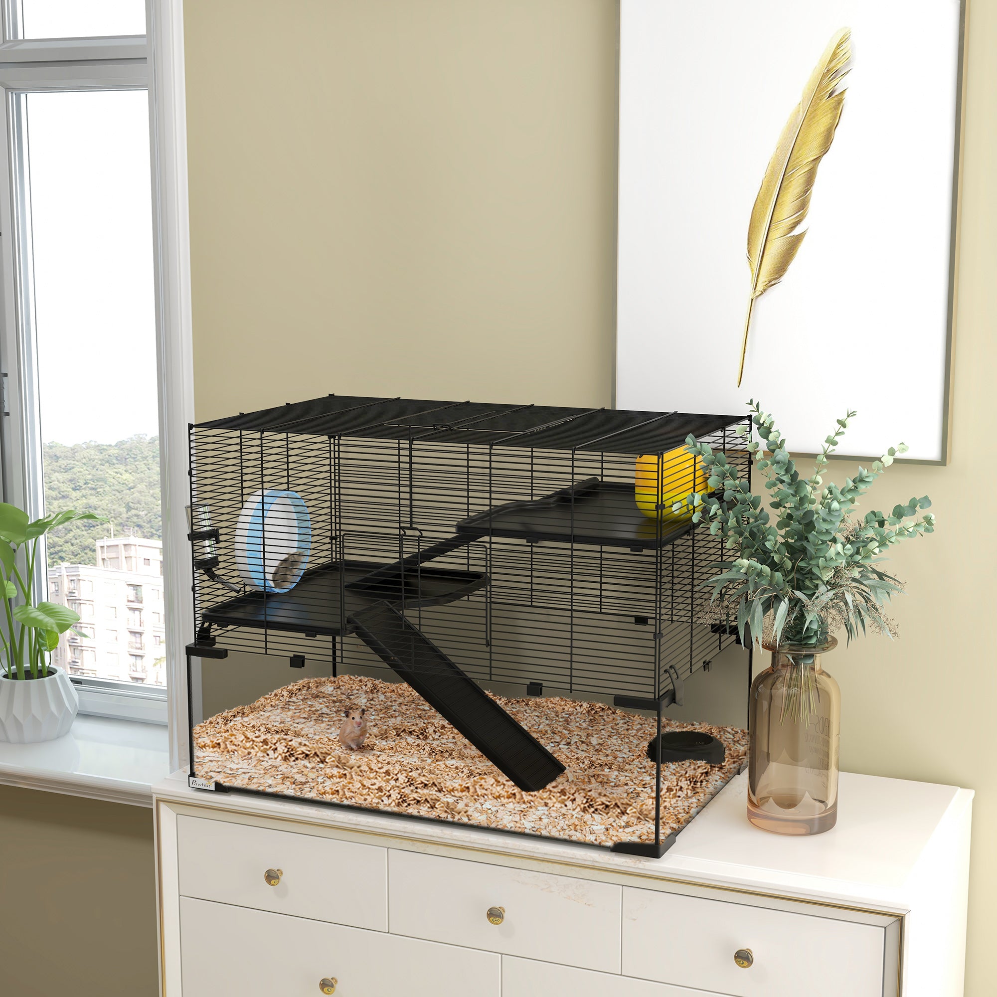 pawhut-cage-hamster-3-tages-79-x-48-x-57-cm-avec-fond-verre-tremp-et-accessoires image 6