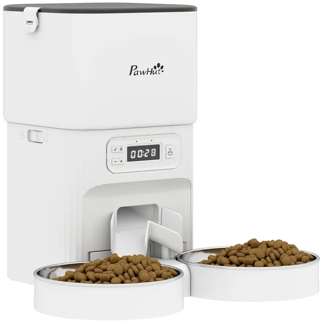 pawhut-distributeur-automatique-pour-chat-4l-1-6-repas-avec-bols-inox image 1