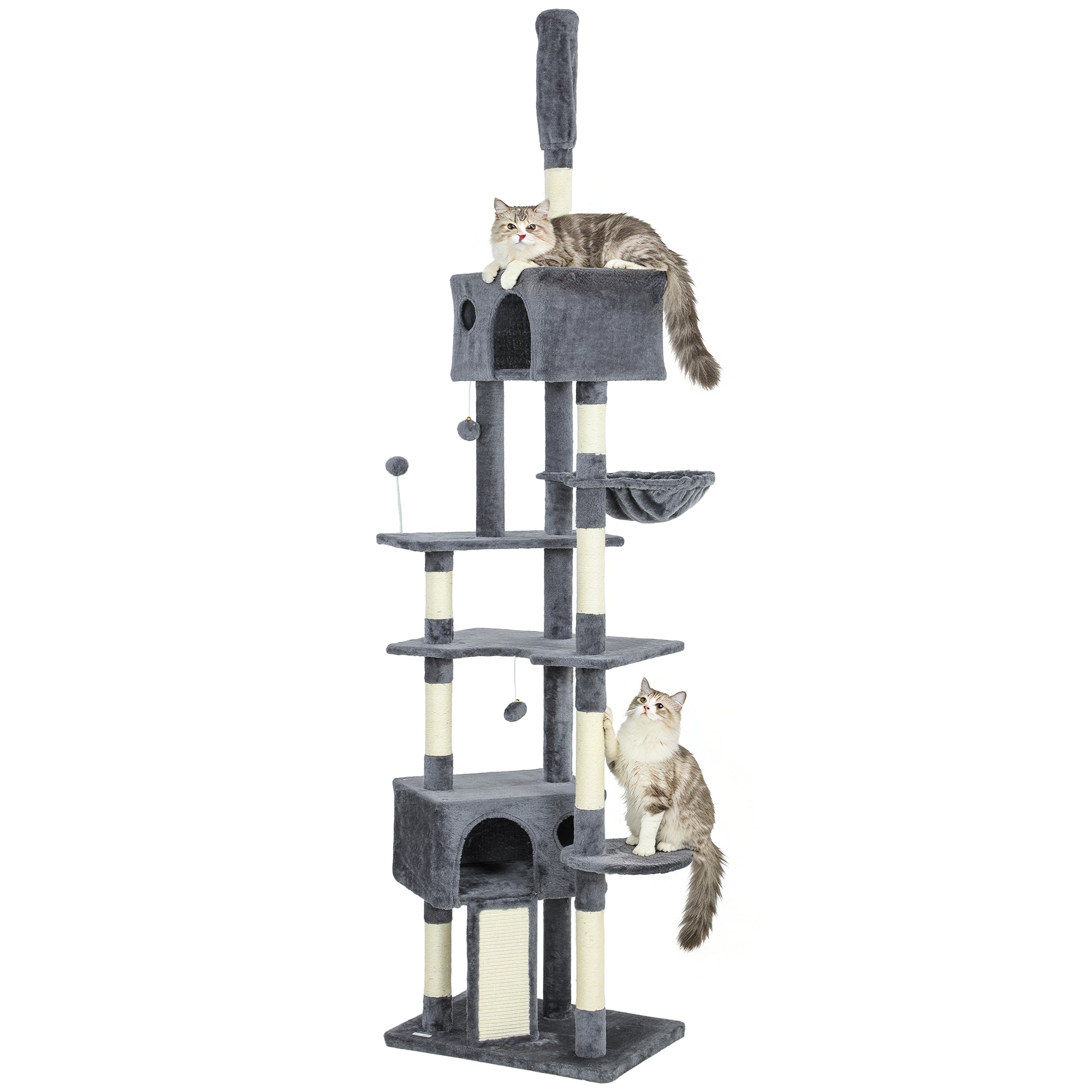 pawhut-arbre-chat-du-sol-au-plafond-230-250-cm-avec-2-niches-et-hamac-gris-fonc image 2