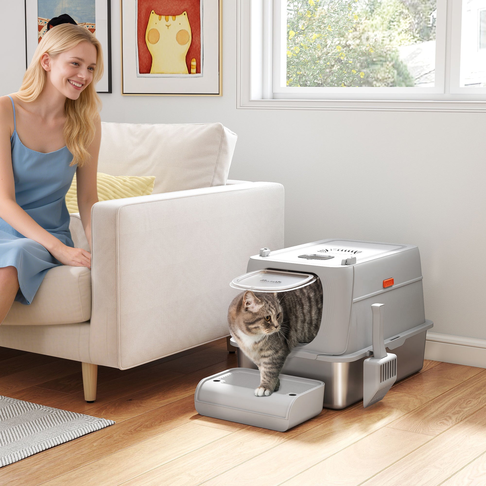 pawhut-bac-liti-re-inox-xl-avec-couvercle-p-dale-et-pelle-gris-clair image 4
